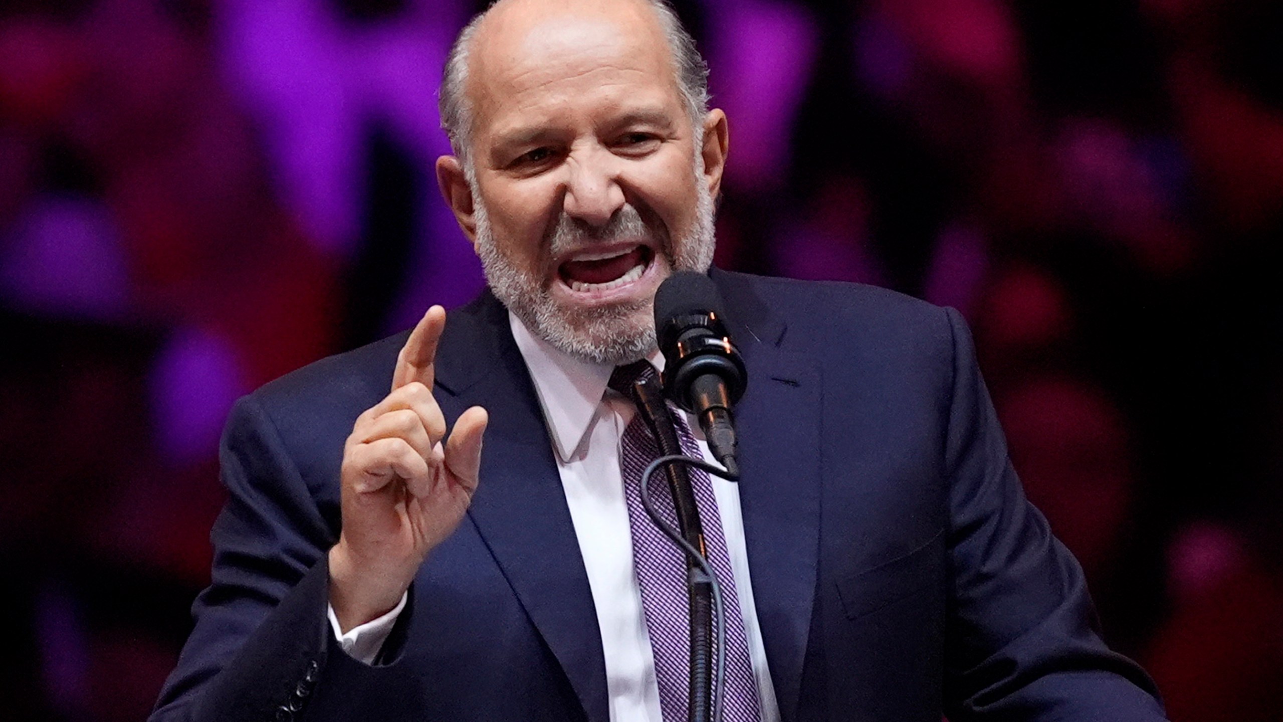 Howard Lutnick speaks before Republican presidential nominee former President Donald Trump at a campaign rally at Madison Square Garden, Sunday, Oct. 27, 2024, in New York. (AP Photo/Evan Vucci)