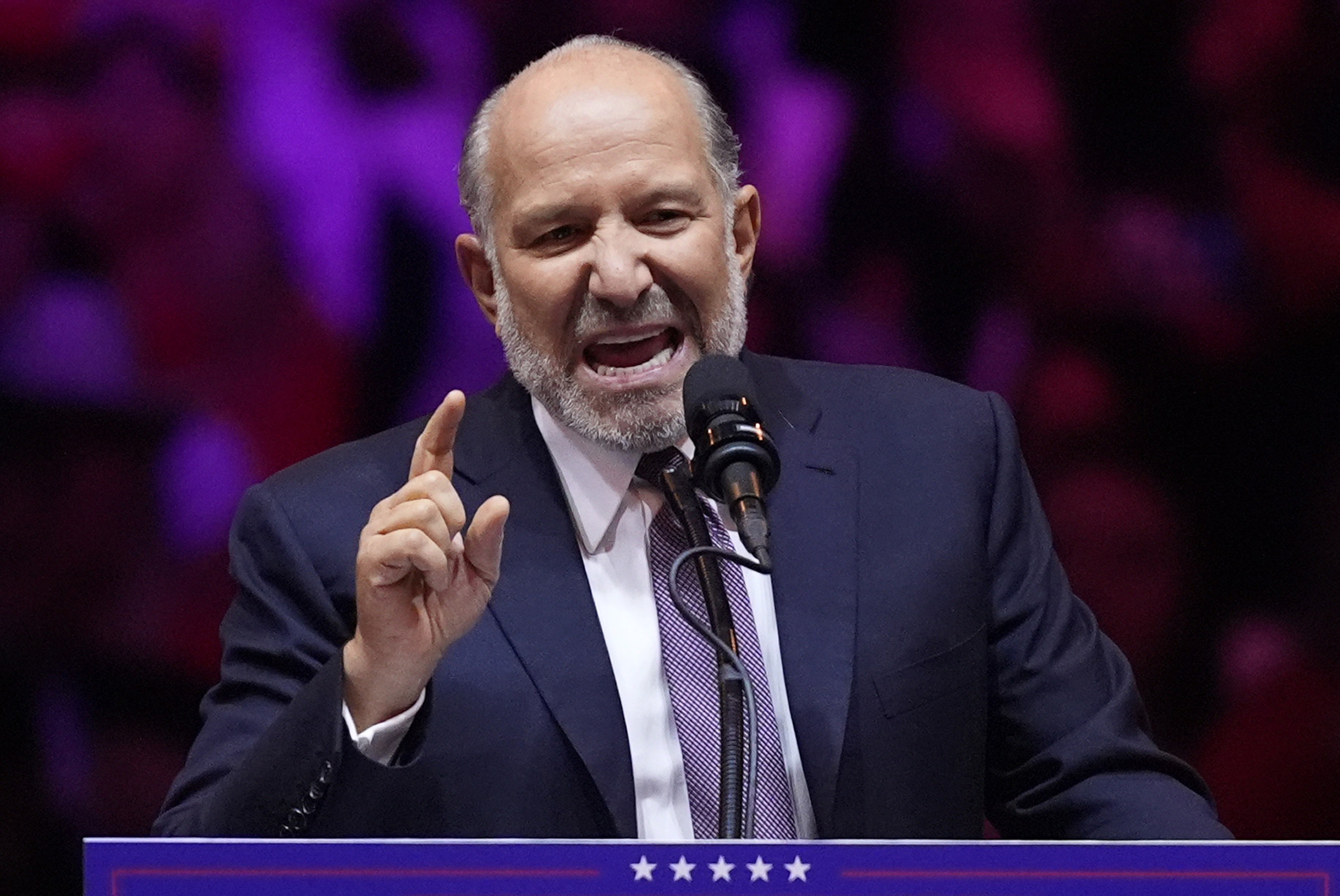 Howard Lutnick speaks before Republican presidential nominee former President Donald Trump at a campaign rally at Madison Square Garden, Sunday, Oct. 27, 2024, in New York. (AP Photo/Evan Vucci)