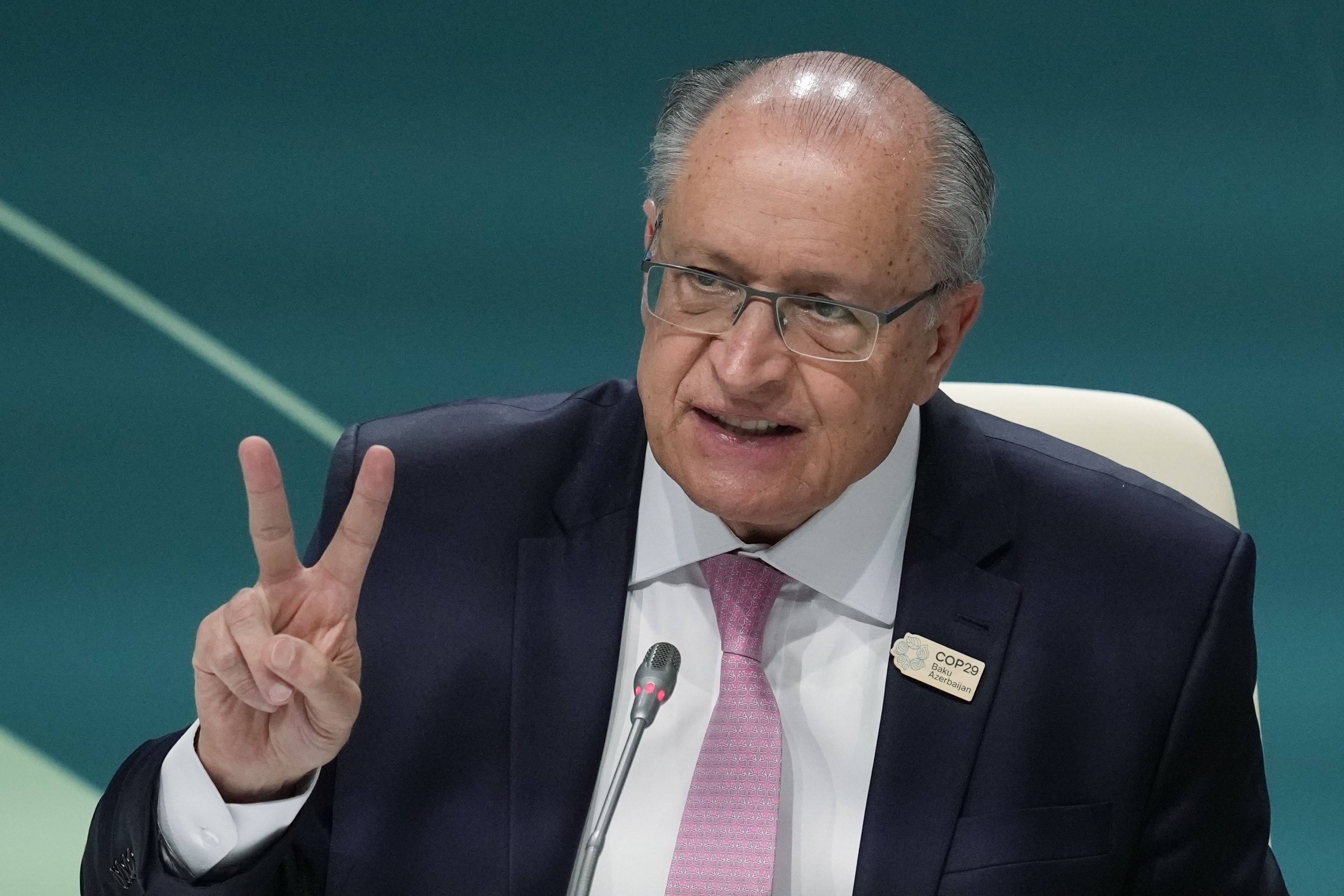 FILE - Brazilian Vice President Geraldo Alckmin gestures as he speaks during a news conference at the COP29 U.N. Climate Summit, Nov. 13, 2024, in Baku, Azerbaijan. (AP Photo/Rafiq Maqbool, File)