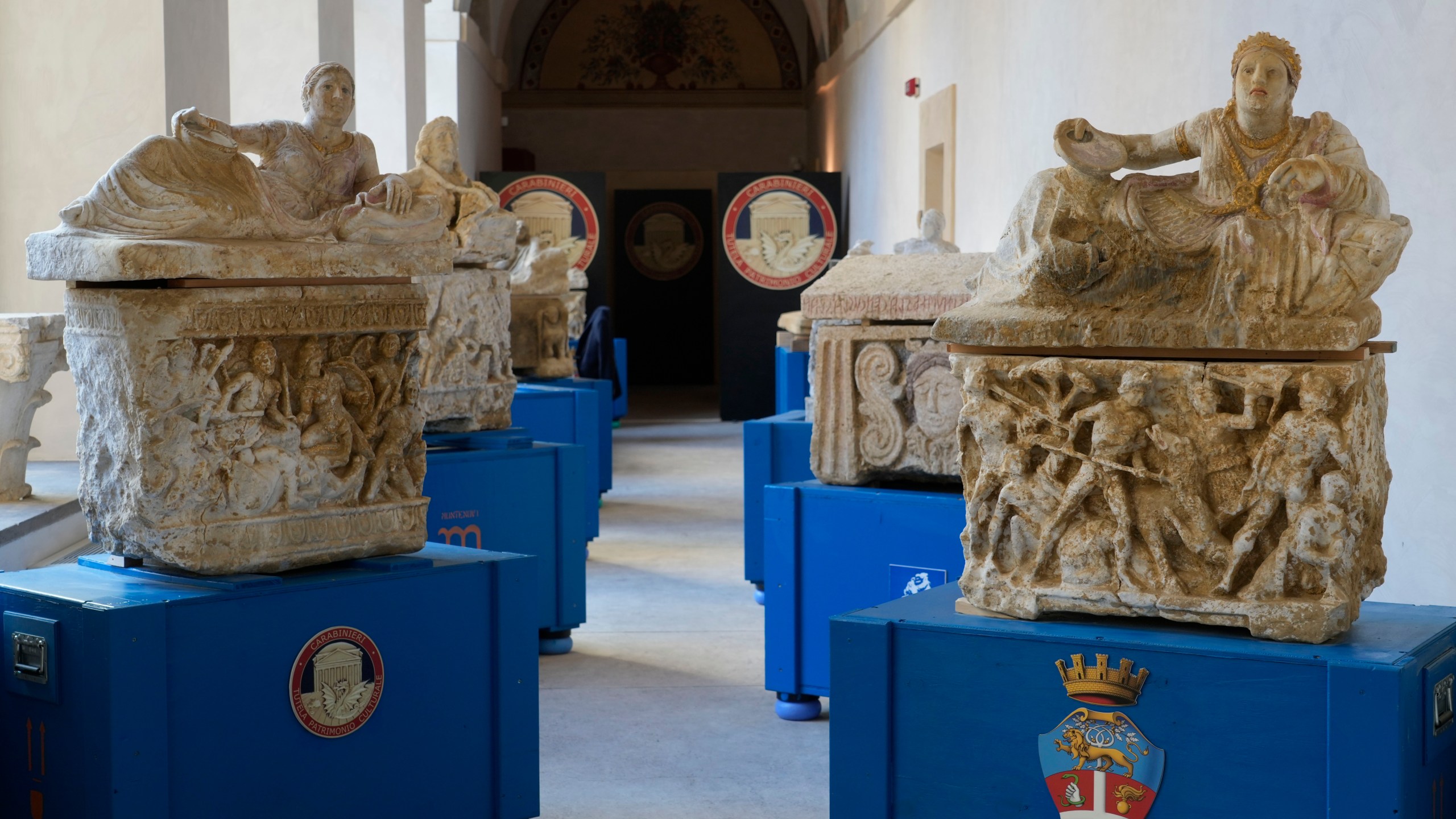 Archaeological finds from the Etruscan era and recovered in a police operation are shown during a press conference in Rome, Tuesday, Nov. 19, 2024. (AP Photo/Gregorio Borgia)