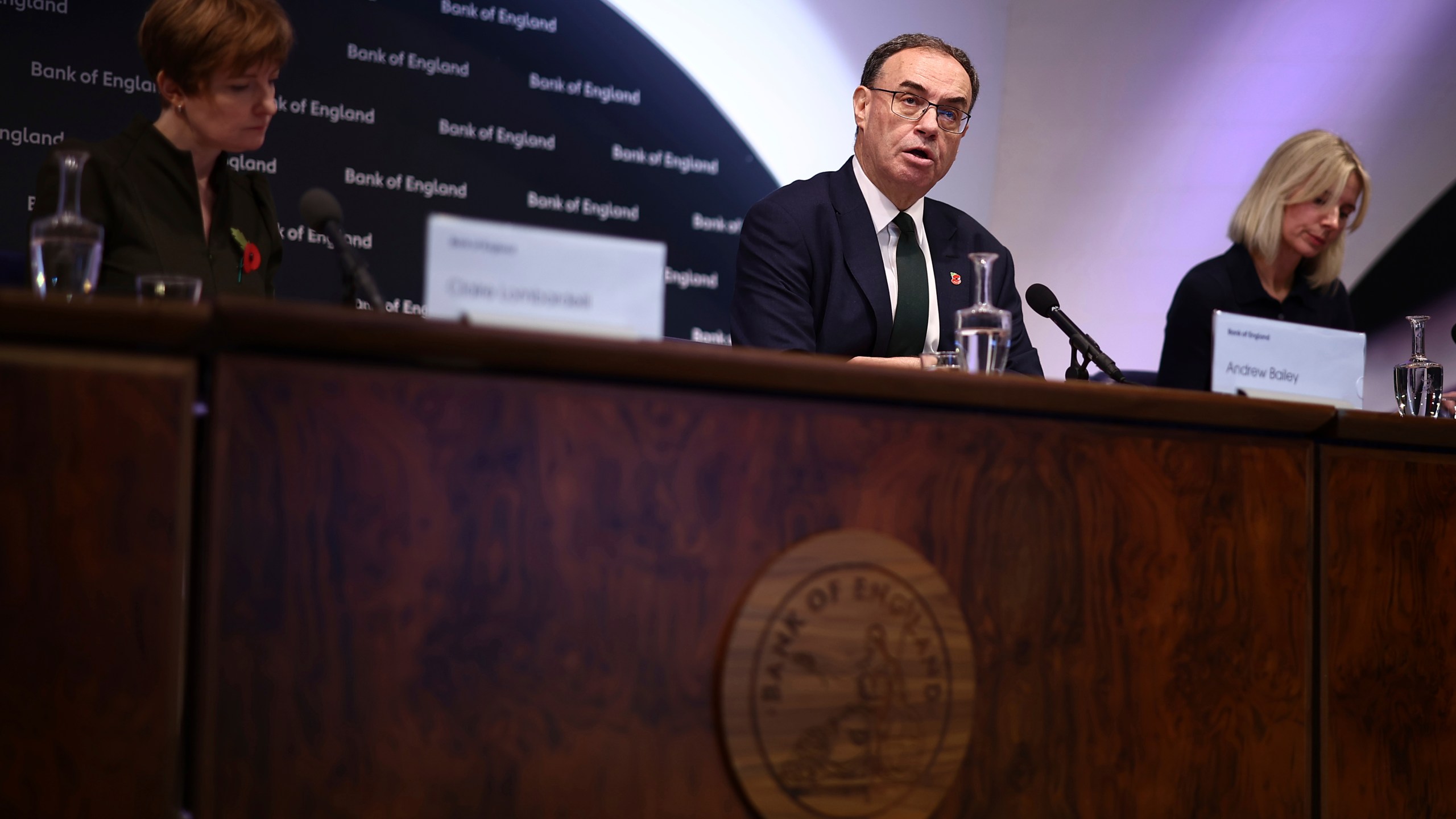 Bank of England Governor Andrew Bailey speaks during the central bank's Monetary Policy Report press conference at the Bank of England, in London, Thursday, Nov. 7, 2024. (Henry Nicholls/Pool Photo via AP)