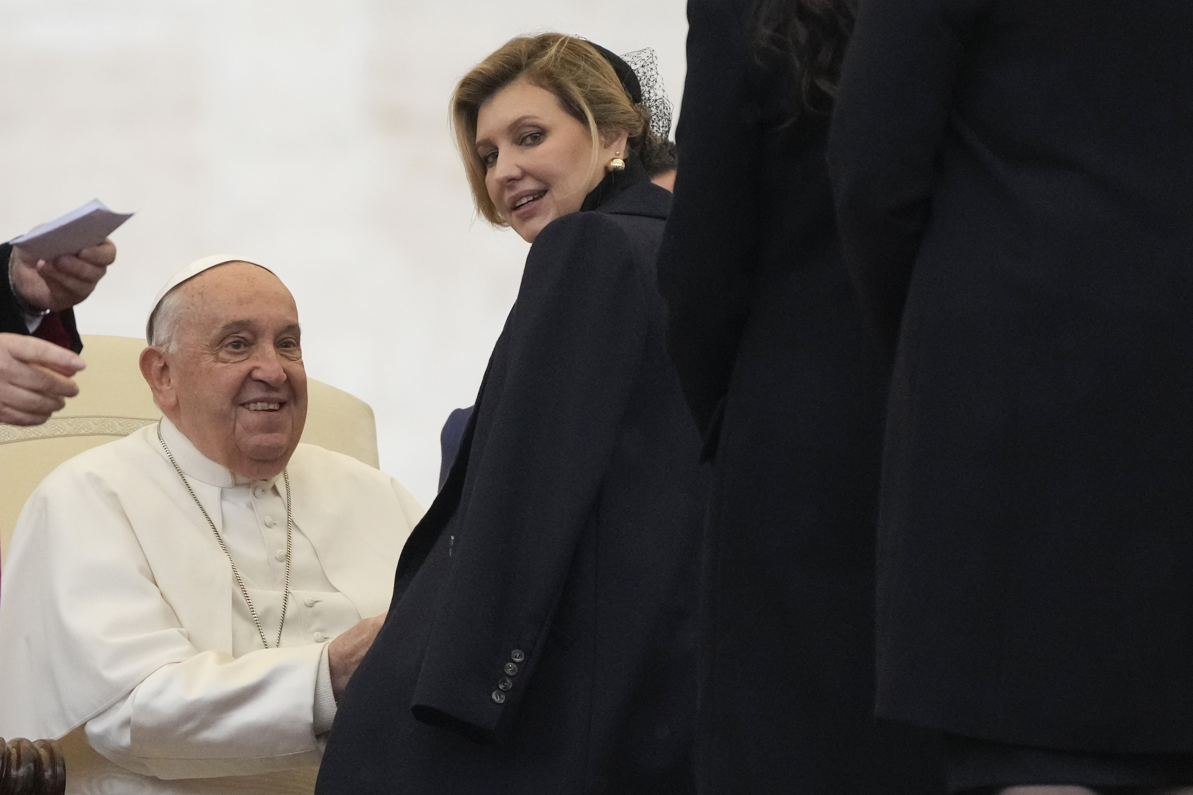 Pope Francis greets First Ladie of Ukraine Olena Zelenska during his weekly general audience in St. Peter's Square at The Vatican, Wednesday, Nov.20, 2024. (AP Photo/Gregorio Borgia)