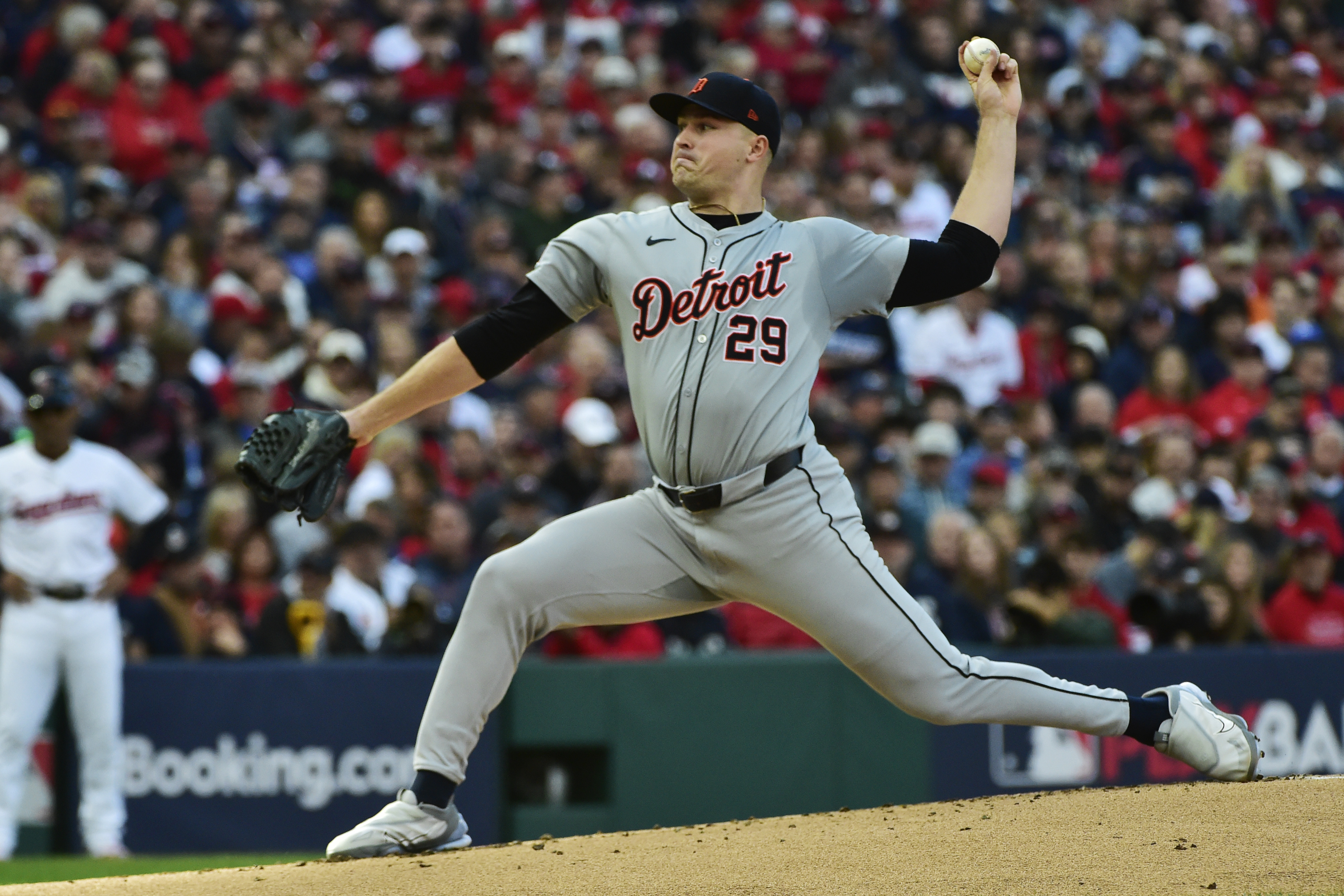 FILE - Detroit Tigers' Tarik Skubal pitches during a baseball game, Oct. 7, 2024, in Cleveland. (AP Photo/Phil Long, File)