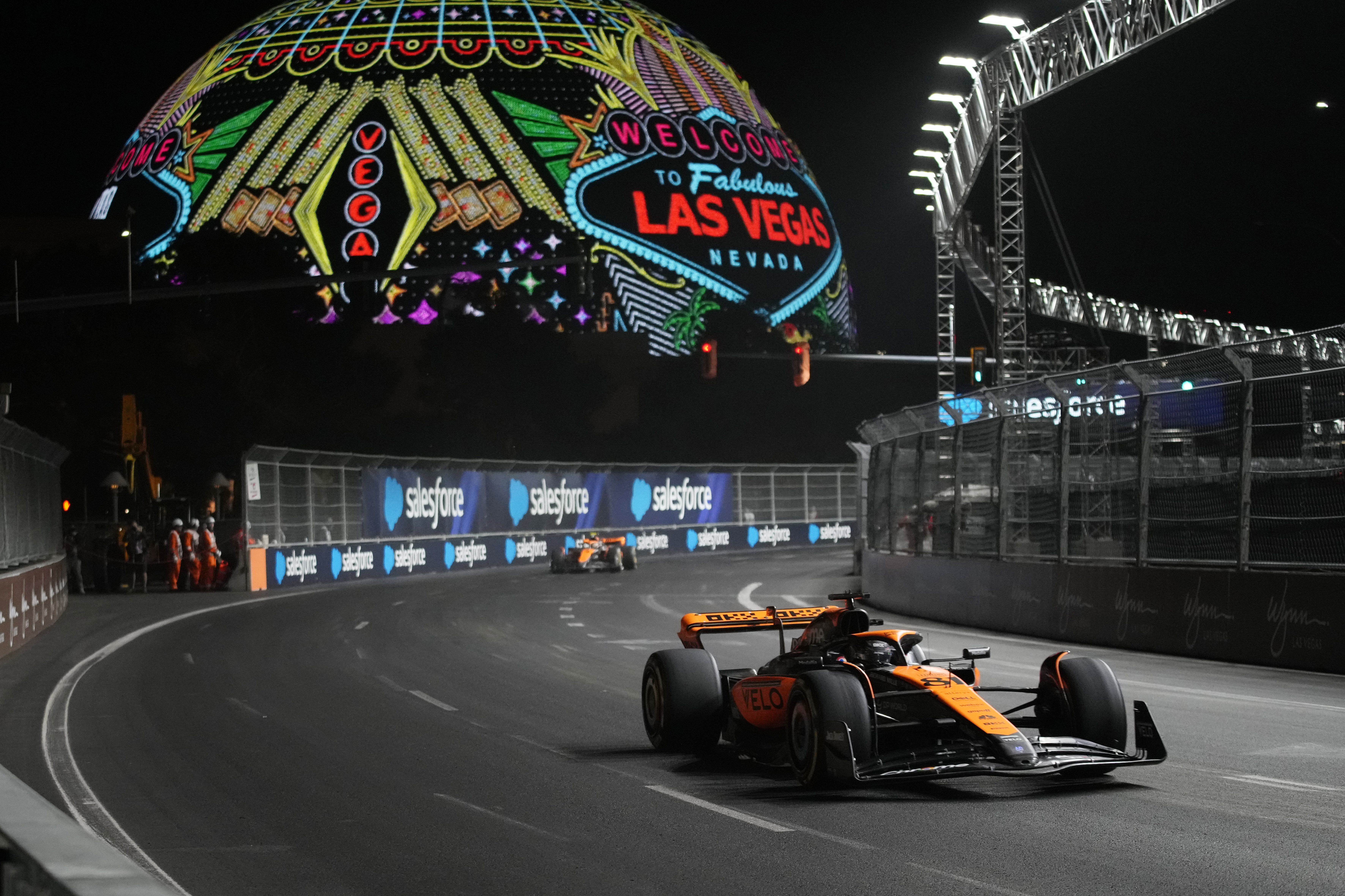 FILE - McLaren driver Oscar Piastri, of Australia, drives during the final practice session for the Formula One Las Vegas Grand Prix auto race, Friday, Nov. 17, 2023, in Las Vegas. (AP Photo/John Locher, File)