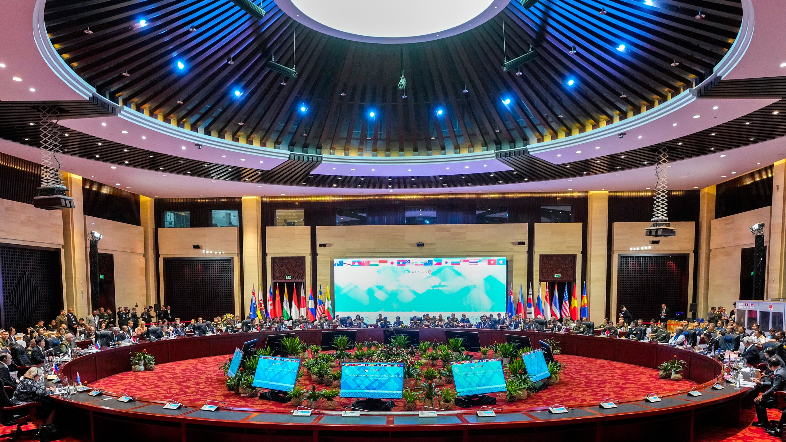 Laos' Defence Minister Chansamone Chanyalath addresses the Association of Southeast Asian Nations (ASEAN) defense ministers' meeting in Vientiane, Laos, Thursday, Nov. 21, 2024. (AP Photo/Anupam Nath)