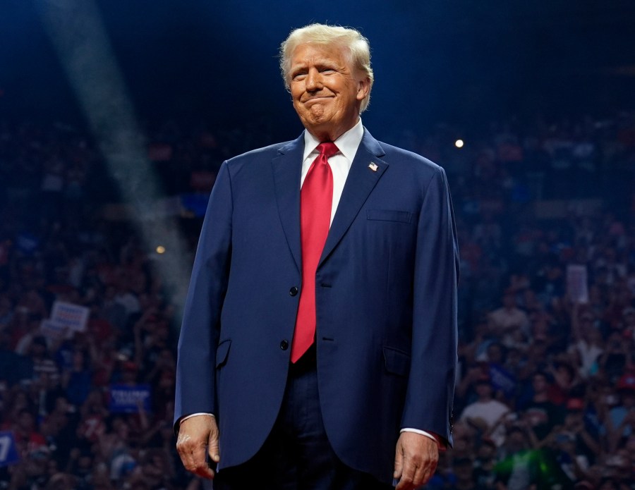 FILE - Republican presidential nominee former President Donald Trump arrives for a campaign rally in Glendale, Ariz., on Aug. 23, 2024. (AP Photo/Evan Vucci, File)