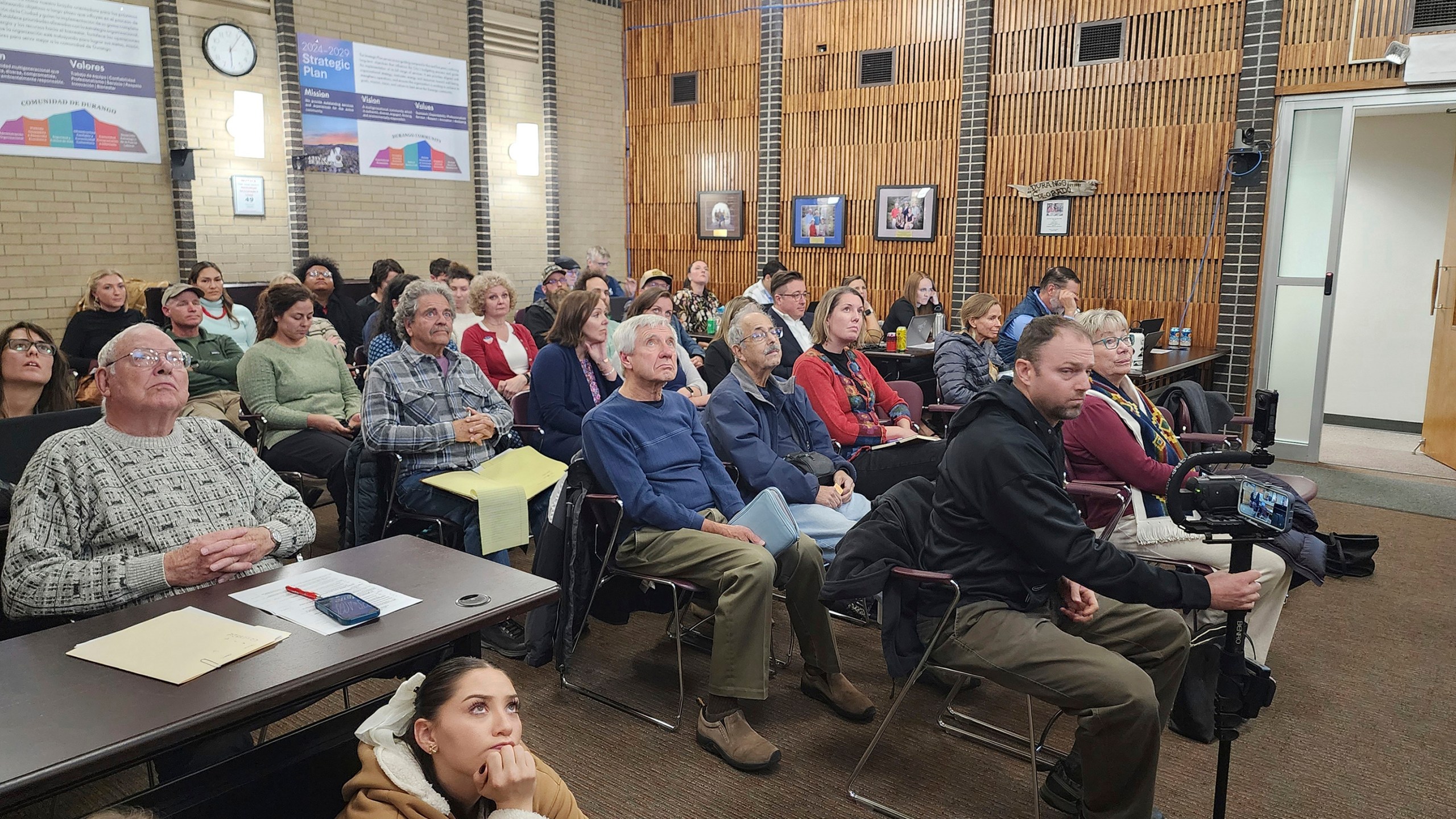 Residents attend a Durango City Council meeting to speak about the continued fluoridation of the city's drinking water, Nov. 5, 2024, in Durango, Colo. (Christian Burney/The Durango Herald via AP)