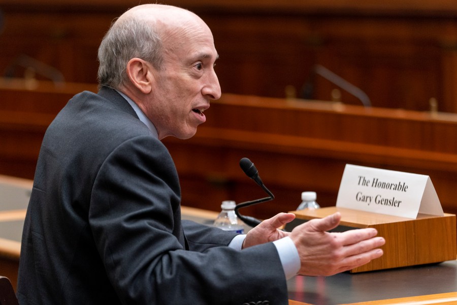 FILE - Securities and Exchange Commission (SEC) Chair Gary Gensler testifies during a House Financial Services Committee hearing on oversight of the SEC, April 18, 2023, on Capitol Hill in Washington. (AP Photo/Jacquelyn Martin, File)