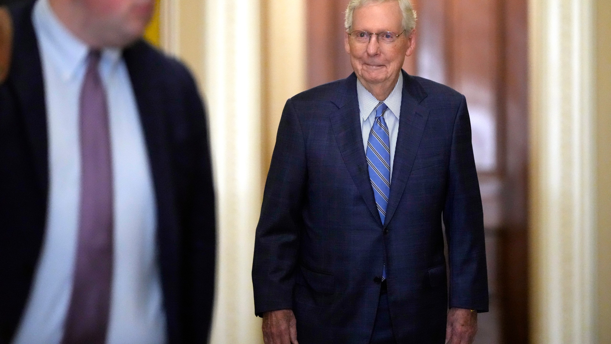 Outgoing Senate Minority Leader Mitch McConnell, R-Ky., arrives for a meeting of Senate Republicans on Capitol Hill, Wednesday, Nov. 13, 2024, in Washington. (AP Photo/Mark Schiefelbein)