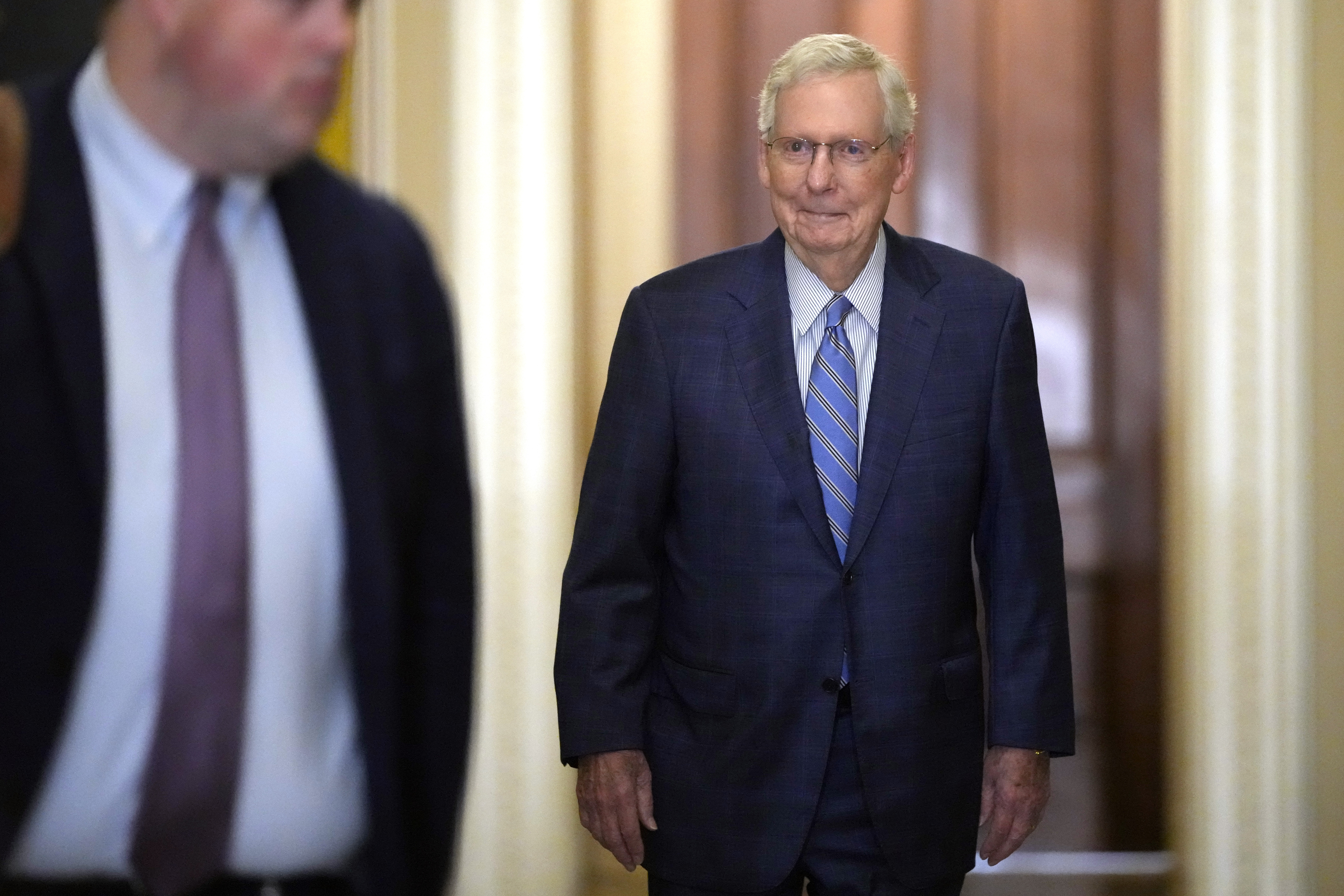 Outgoing Senate Minority Leader Mitch McConnell, R-Ky., arrives for a meeting of Senate Republicans on Capitol Hill, Wednesday, Nov. 13, 2024, in Washington. (AP Photo/Mark Schiefelbein)