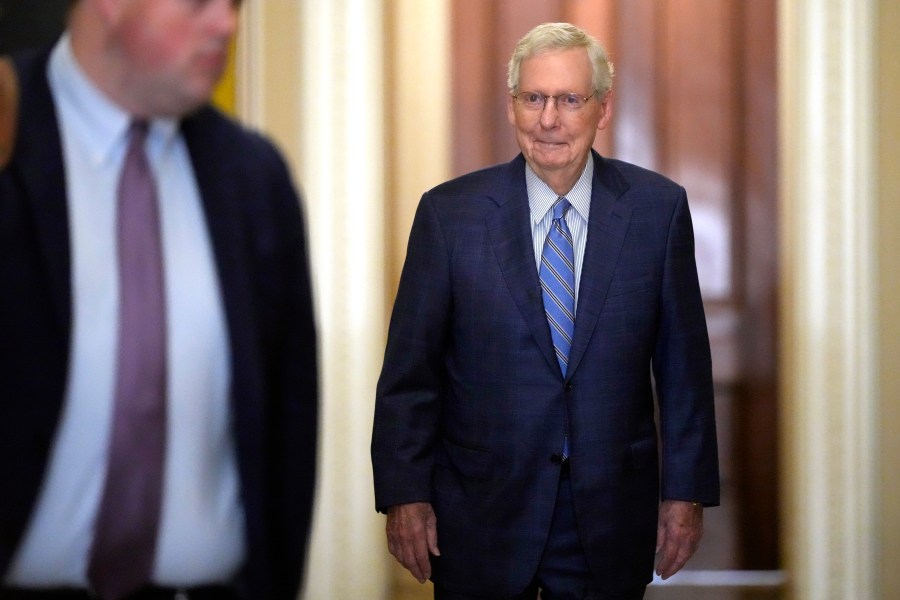 Outgoing Senate Minority Leader Mitch McConnell, R-Ky., arrives for a meeting of Senate Republicans on Capitol Hill, Wednesday, Nov. 13, 2024, in Washington. (AP Photo/Mark Schiefelbein)