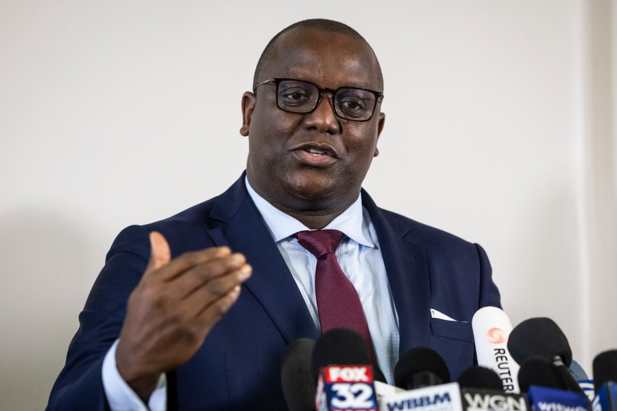 Jussie Smollett's lead defense attorney Nenye Uche speaks to reporters during a news conference Thursday, Nov. 21, 2024, In Chicago, after the Illinois Supreme Court overturned Smollett's conviction on charges of staging a racist and homophobic attack against himself in 2019 and lying to Chicago police. (Ashlee Rezin/Chicago Sun-Times via AP)