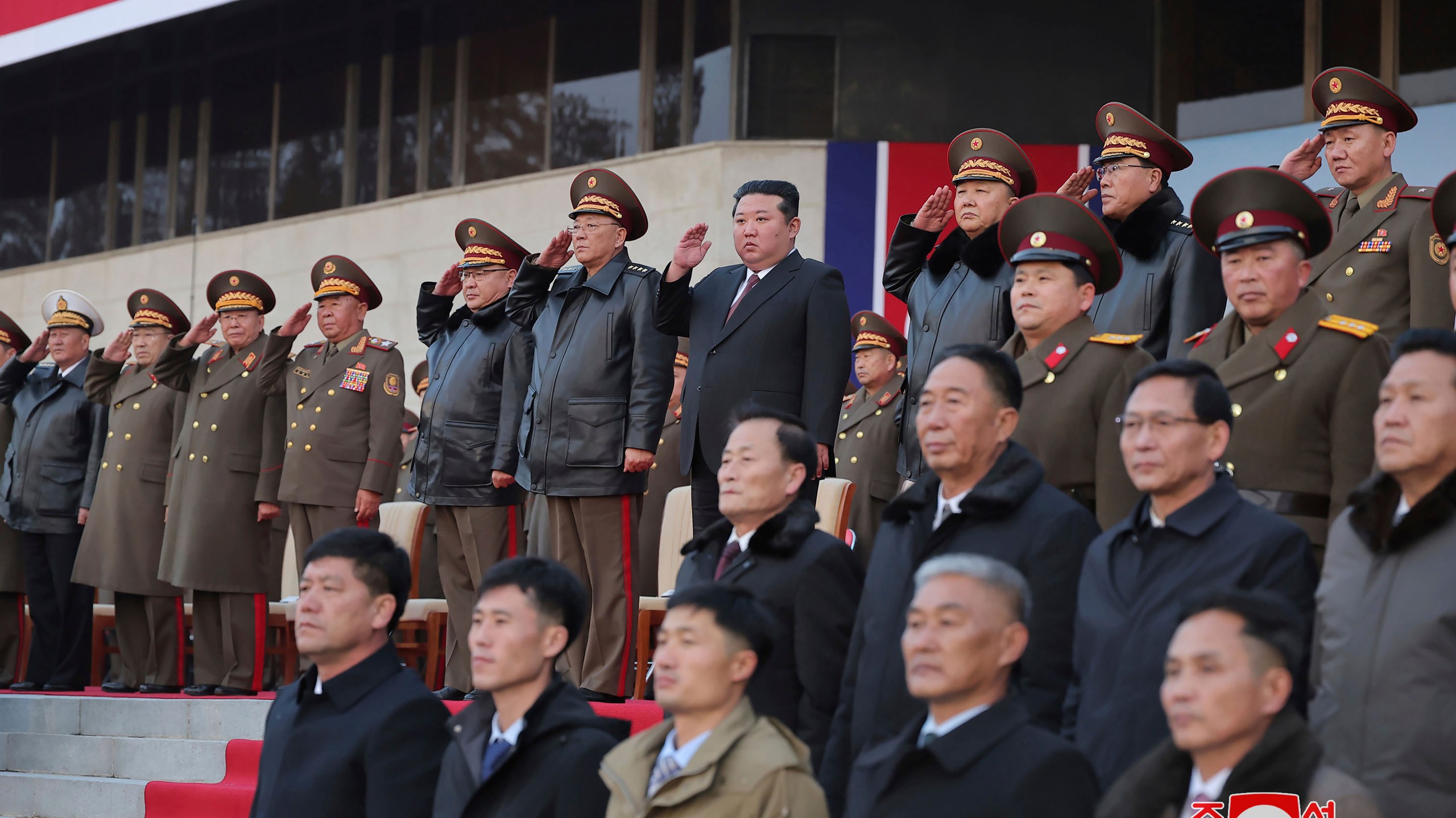 In this photo provided by the North Korean government, North Korean leader Kim Jong Un, center right, attends an opening ceremony of a defense exhibition in Pyongyang, North Korea Thursday, Nov. 21, 2024. Independent journalists were not given access to cover the event depicted in this image distributed by the North Korean government. The content of this image is as provided and cannot be independently verified. Korean language watermark on image as provided by source reads: "KCNA" which is the abbreviation for Korean Central News Agency. (Korean Central News Agency/Korea News Service via AP)