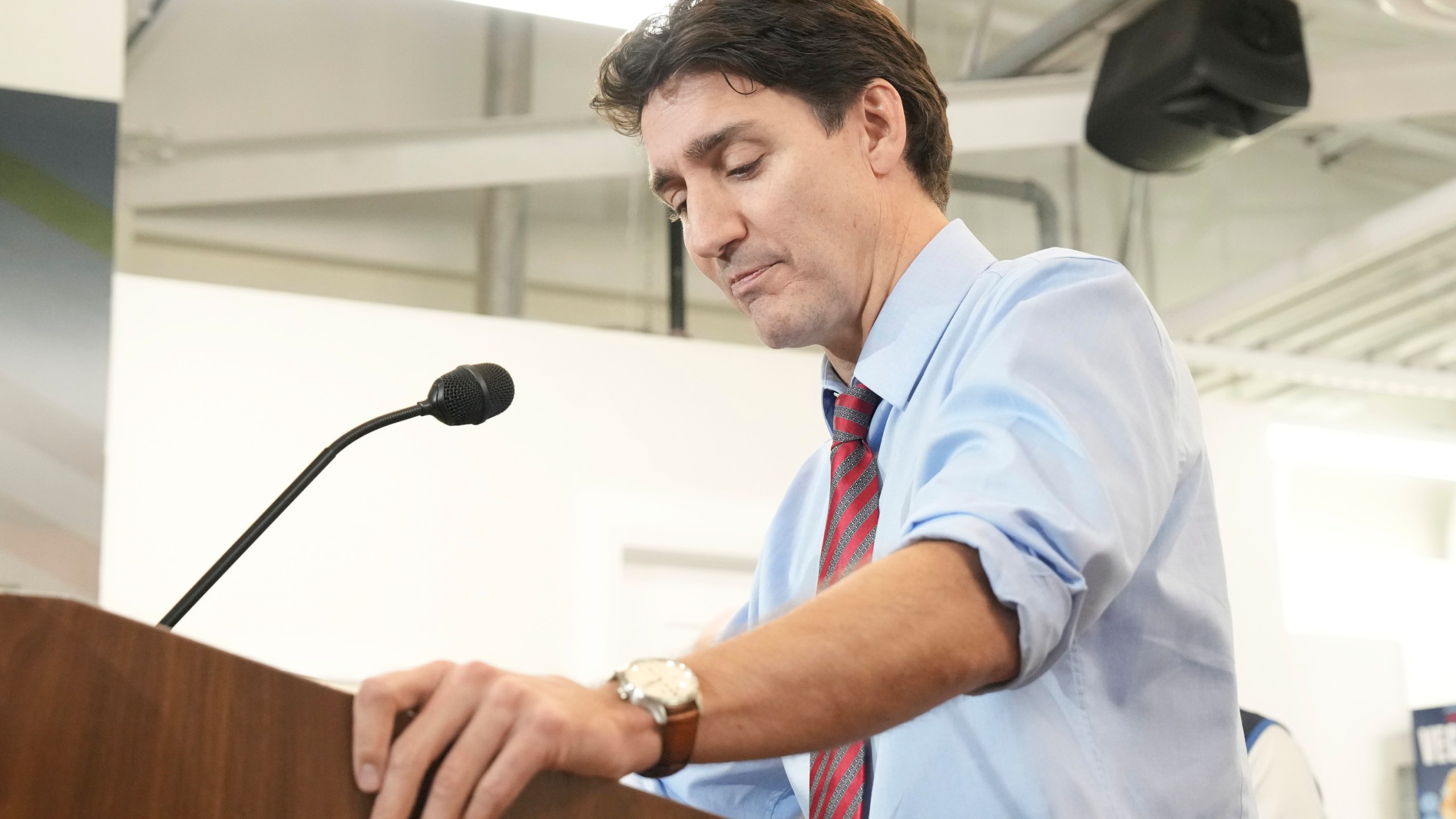 Prime Minister Justin Trudeau attends an announcement regarding a two month suspension of GST on selected goods, at Vince's Market, a grocery store in Sharon, Ontario, on Thursday Nov. 21, 2024. (Chris Young/The Canadian Press via AP)