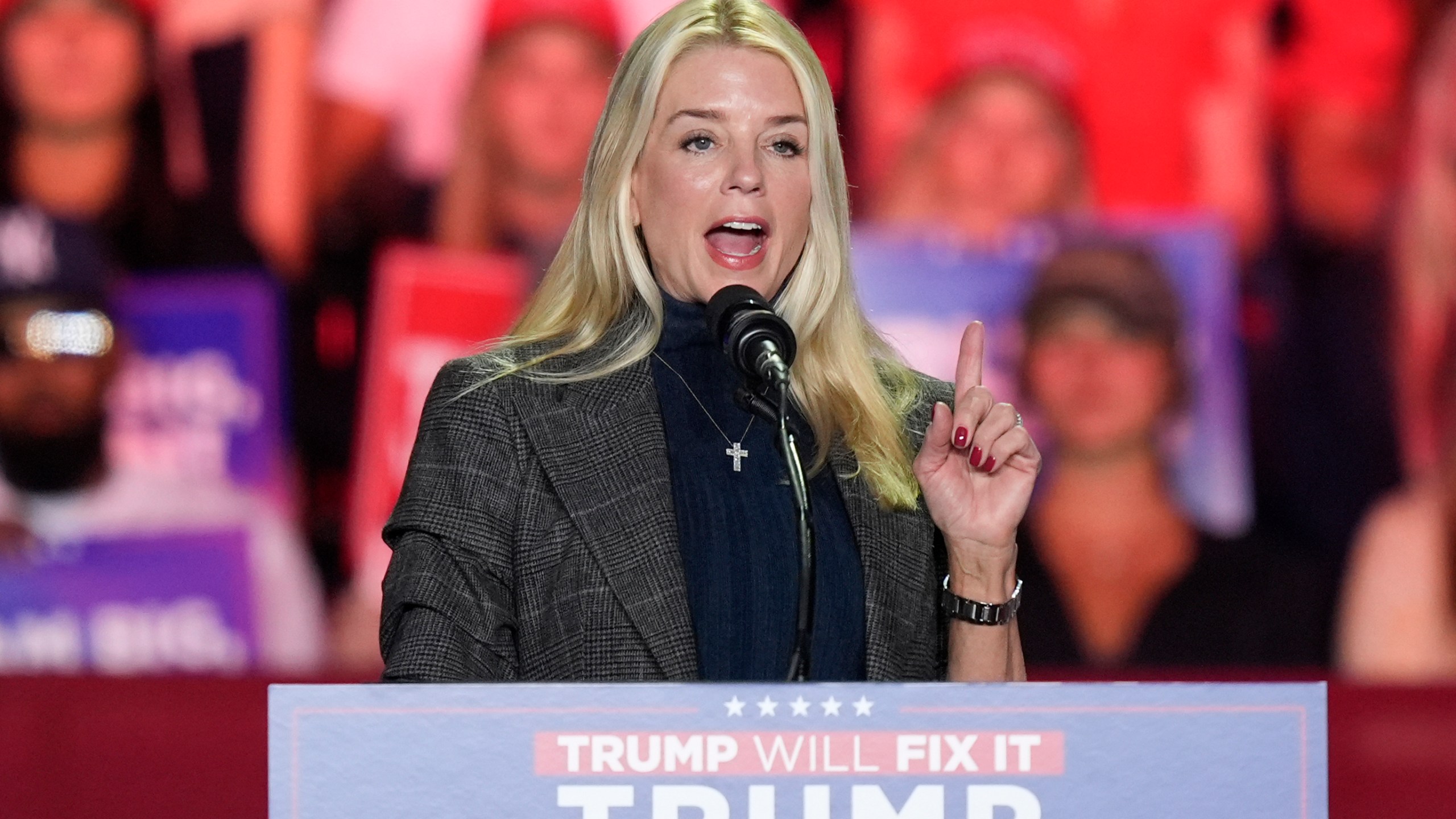 FILE - Former Florida Attorney General Pam Bondi, speaks before Republican presidential nominee former President Donald Trump at a campaign rally at First Horizon Coliseum, Nov. 2, 2024, in Greensboro, NC. (AP Photo/Alex Brandon, File)