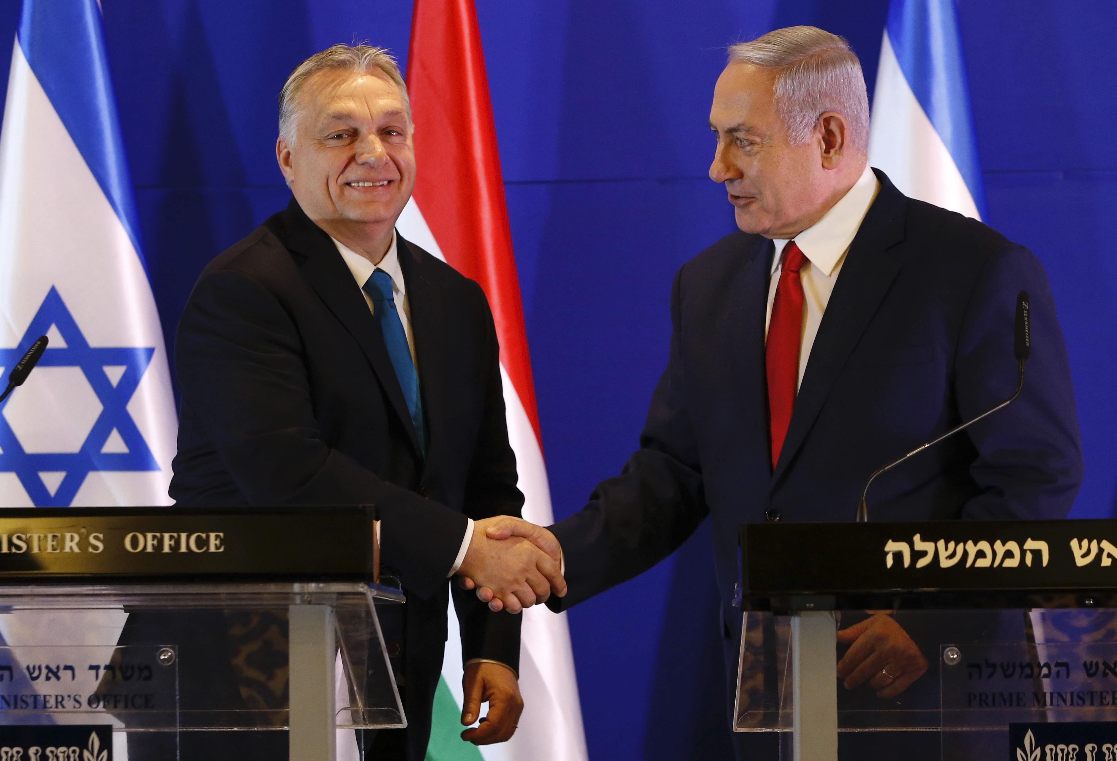 FILE - Hungarian Prime Minister Viktor Orban, left, and Israeli Prime Minister Benjamin Netanyahu attend a press conference after their meeting in Jerusalem, Tuesday, Feb. 19, 2019. (AP Photo/Ariel Schalit, Pool, File)