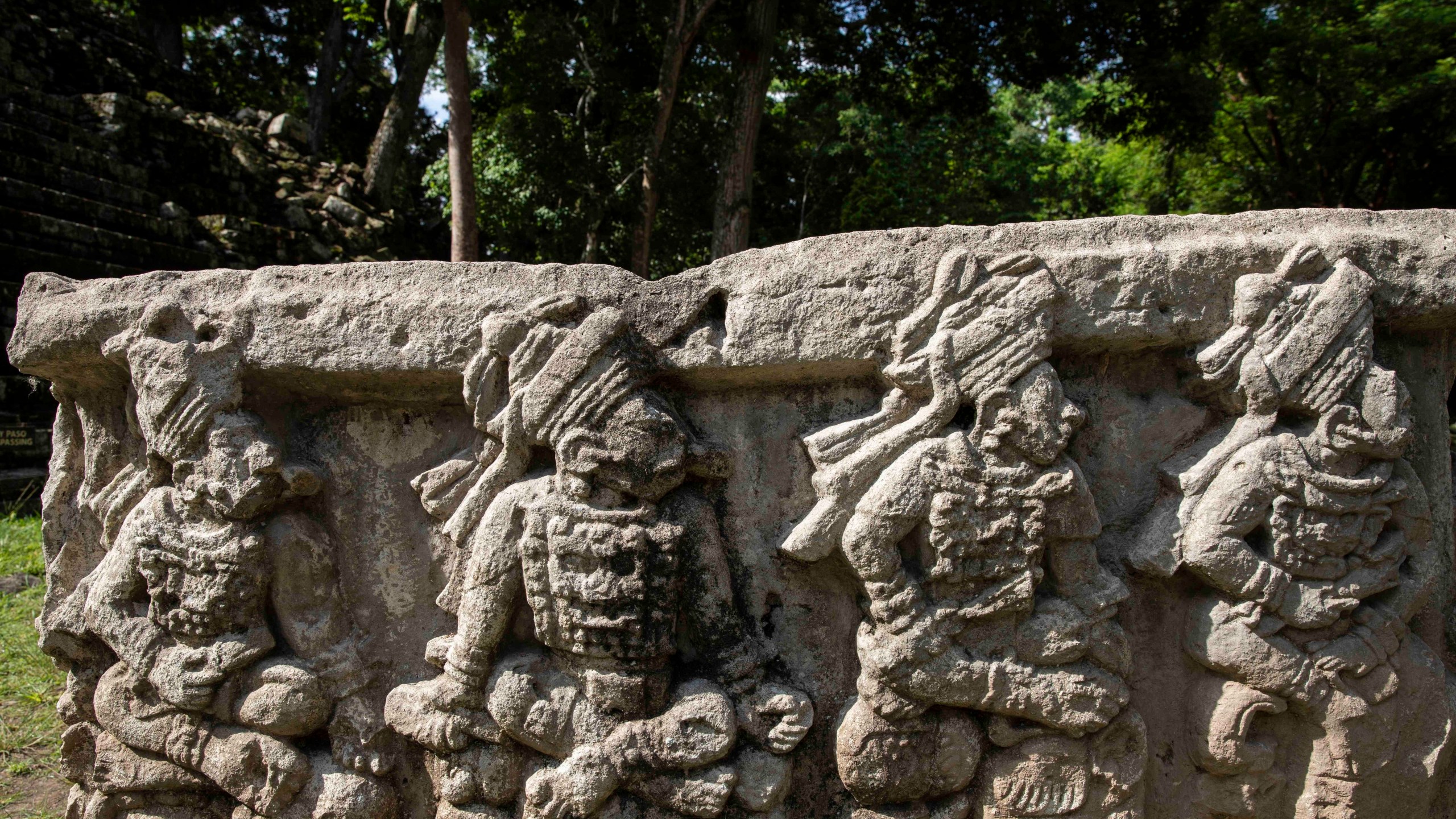 FILE - Altar Q that depicts 16 kings in the dynastic succession of the city is seen inside the archeological site of Copan, in Copan Ruinas, Honduras, Saturday, July 3, 2021. (AP Photo/Rodrigo Abd, File)