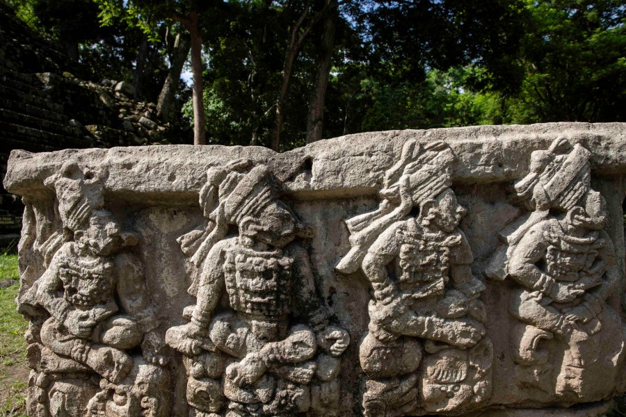 FILE - Altar Q that depicts 16 kings in the dynastic succession of the city is seen inside the archeological site of Copan, in Copan Ruinas, Honduras, Saturday, July 3, 2021. (AP Photo/Rodrigo Abd, File)