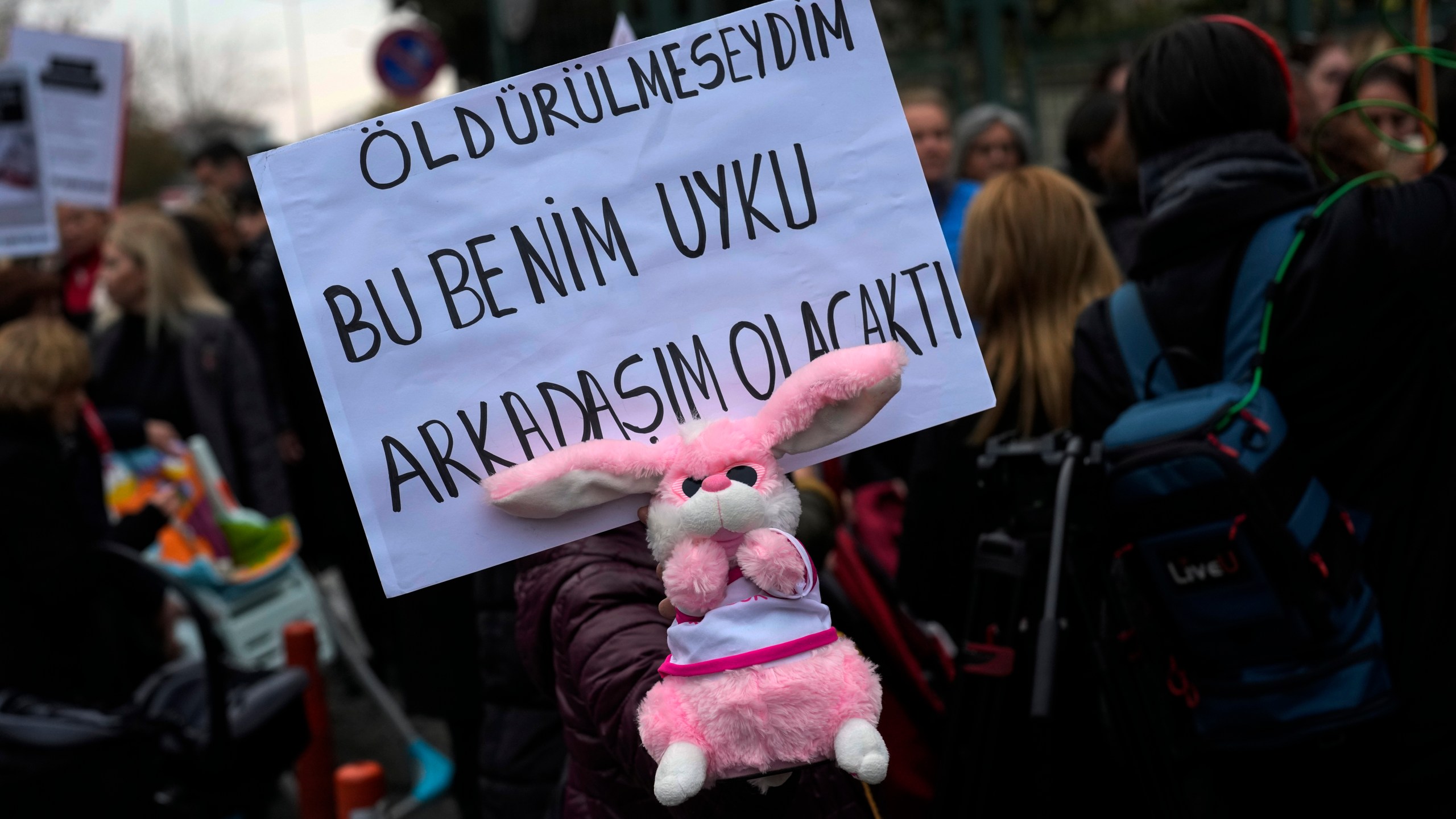 An activist holds a baby toy and a banner with Turkish writing that reads, "If I had not been killed this would have been my sleeping friend" during a protest outside the courthouse where dozens of Turkish healthcare workers including doctors and nurses go on trial for fraud and causing the deaths of 10 infants, in Istanbul, Turkey, Monday Nov, 18, 2024.(AP Photo/Khalil Hamra)