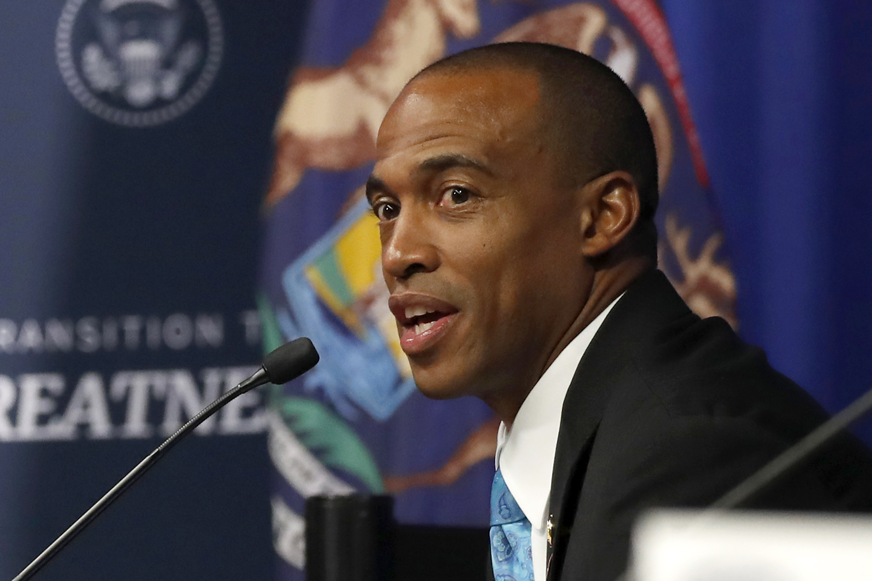 FILE - Scott Turner, the executive director of the White House Opportunity and Revitalization Council, speaks during a listening session with African-American leaders, May 21, 2020, in Ypsilanti, Mich. (AP Photo/Alex Brandon, File)