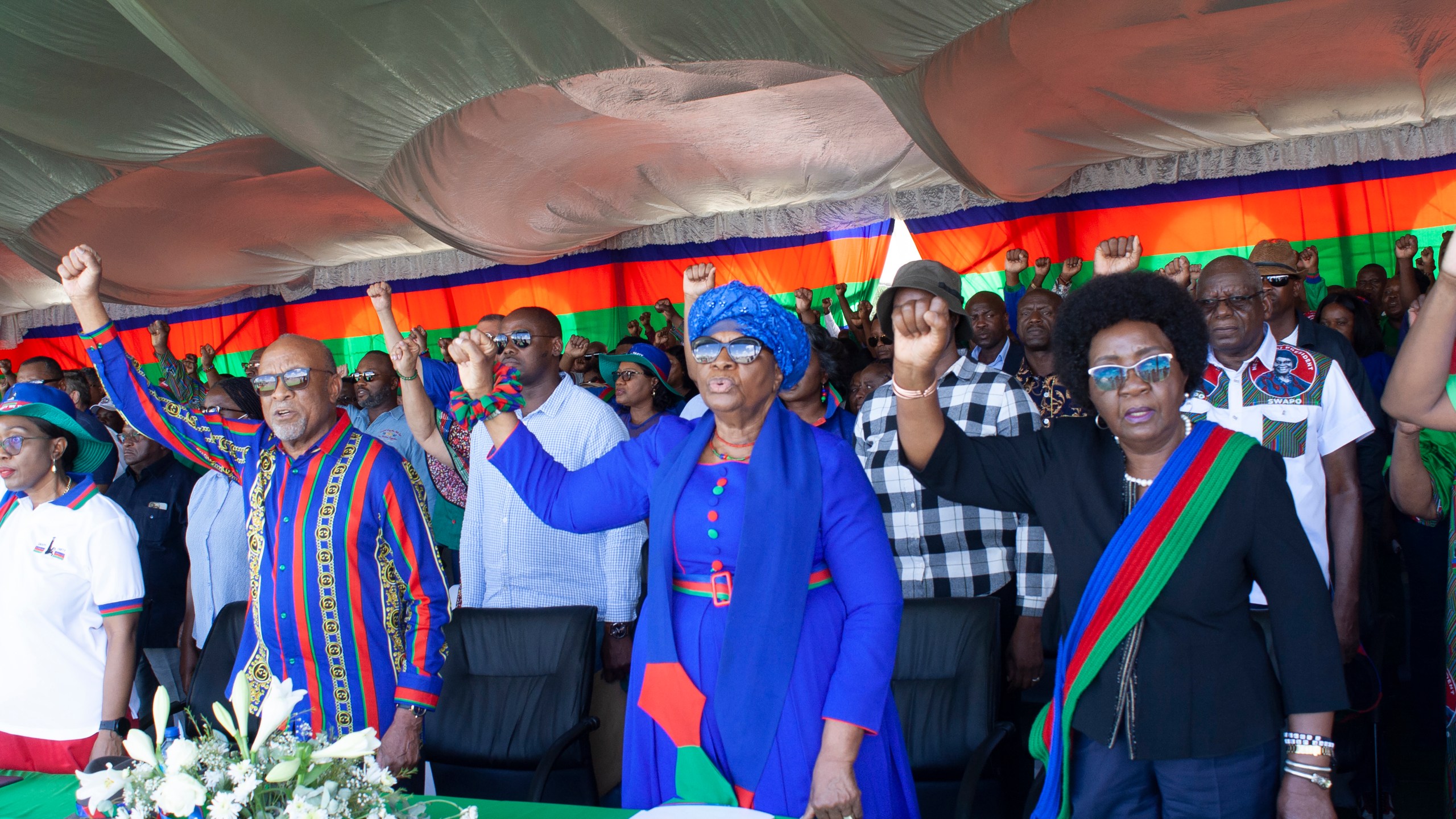 Namibia's vice president Netumbo Nandi-Ndaitwah, center, of the ruling South West Africa People's Organization, (SWAPO) attends an election rally in Windhoek, Namibia, Sunday, Nov. 24, 2024, ahead of elections Wednesday, Nov. 27, 2024. (AP Photo/Esther Mbathera)