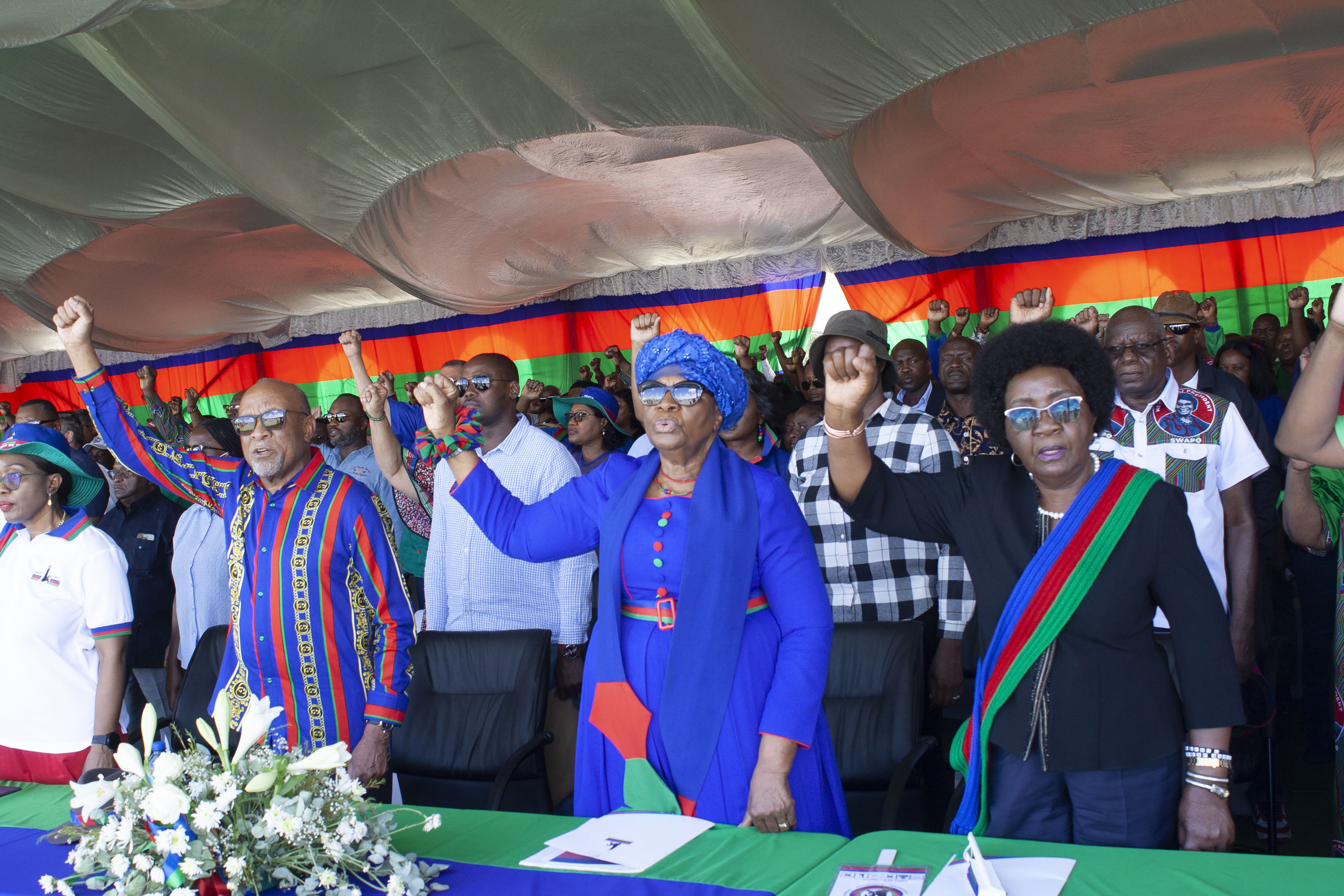 Namibia's vice president Netumbo Nandi-Ndaitwah, center, of the ruling South West Africa People's Organization, (SWAPO) attends an election rally in Windhoek, Namibia, Sunday, Nov. 24, 2024, ahead of elections Wednesday, Nov. 27, 2024. (AP Photo/Esther Mbathera)