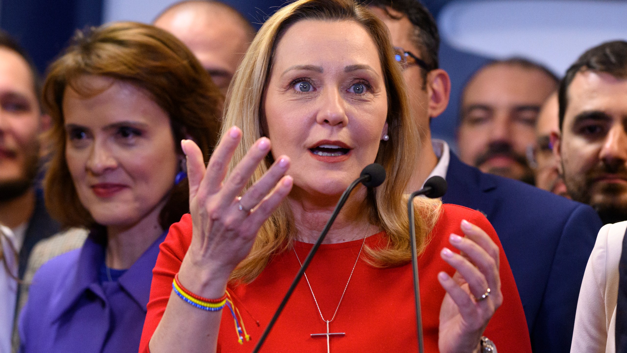 Elena Lasconi, the Save Romania Union (USR) party candidate for president speaks to media after polls closing during the country's presidential elections, in Bucharest, Romania, Sunday, Nov. 24, 2024. (AP Photo/Alexandru Dobre)