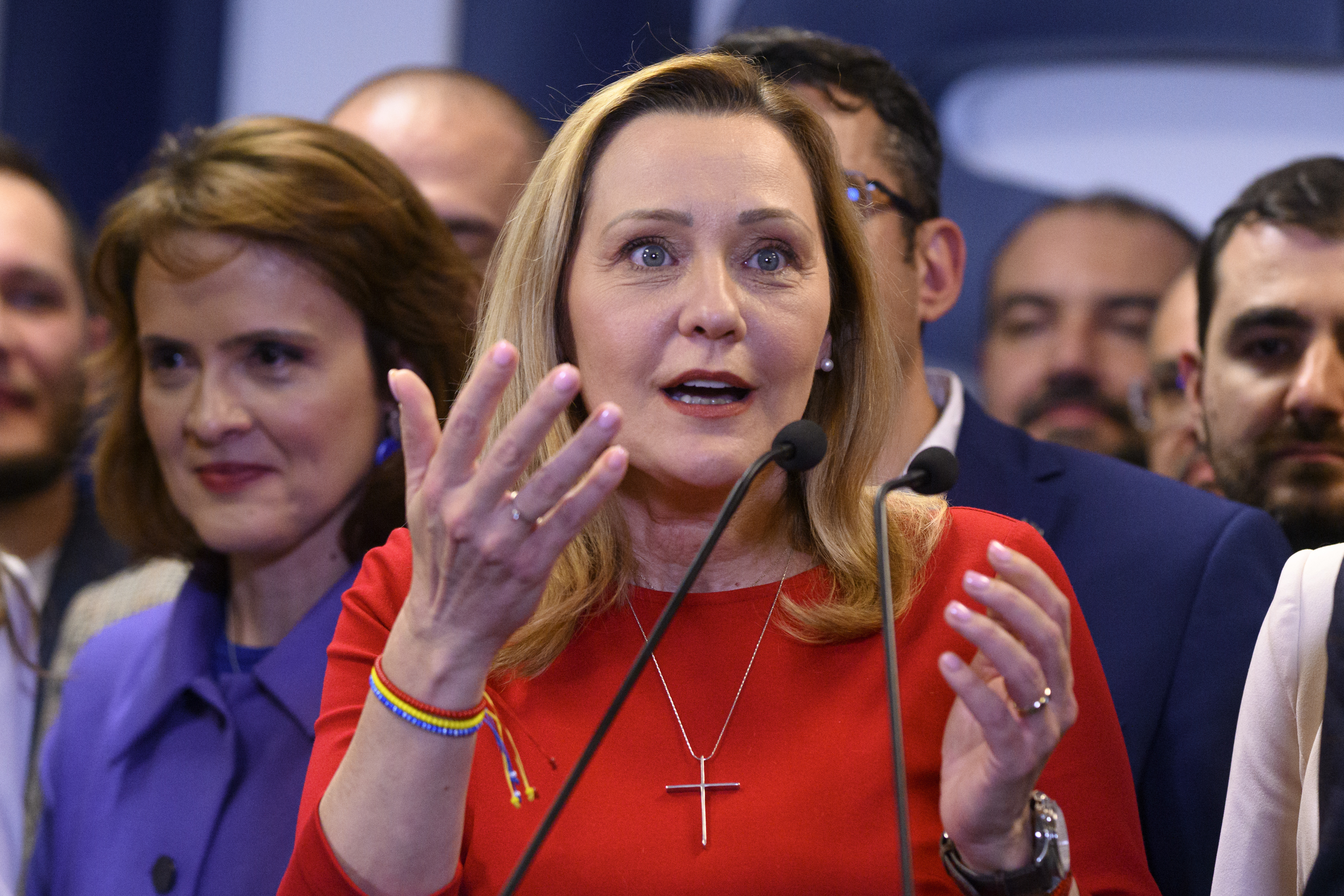 Elena Lasconi, the Save Romania Union (USR) party candidate for president speaks to media after polls closing during the country's presidential elections, in Bucharest, Romania, Sunday, Nov. 24, 2024. (AP Photo/Alexandru Dobre)