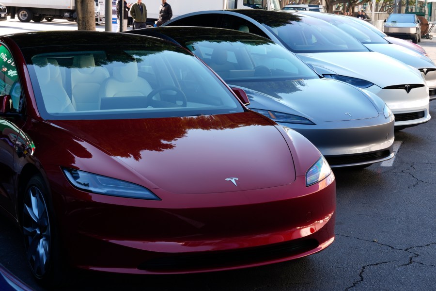 FILE - Tesla vehicles are displayed at the AutoMobility LA Auto Show,Thursday, Nov. 21, 2024, in Los Angeles. (AP Photo/Damian Dovarganes, File)