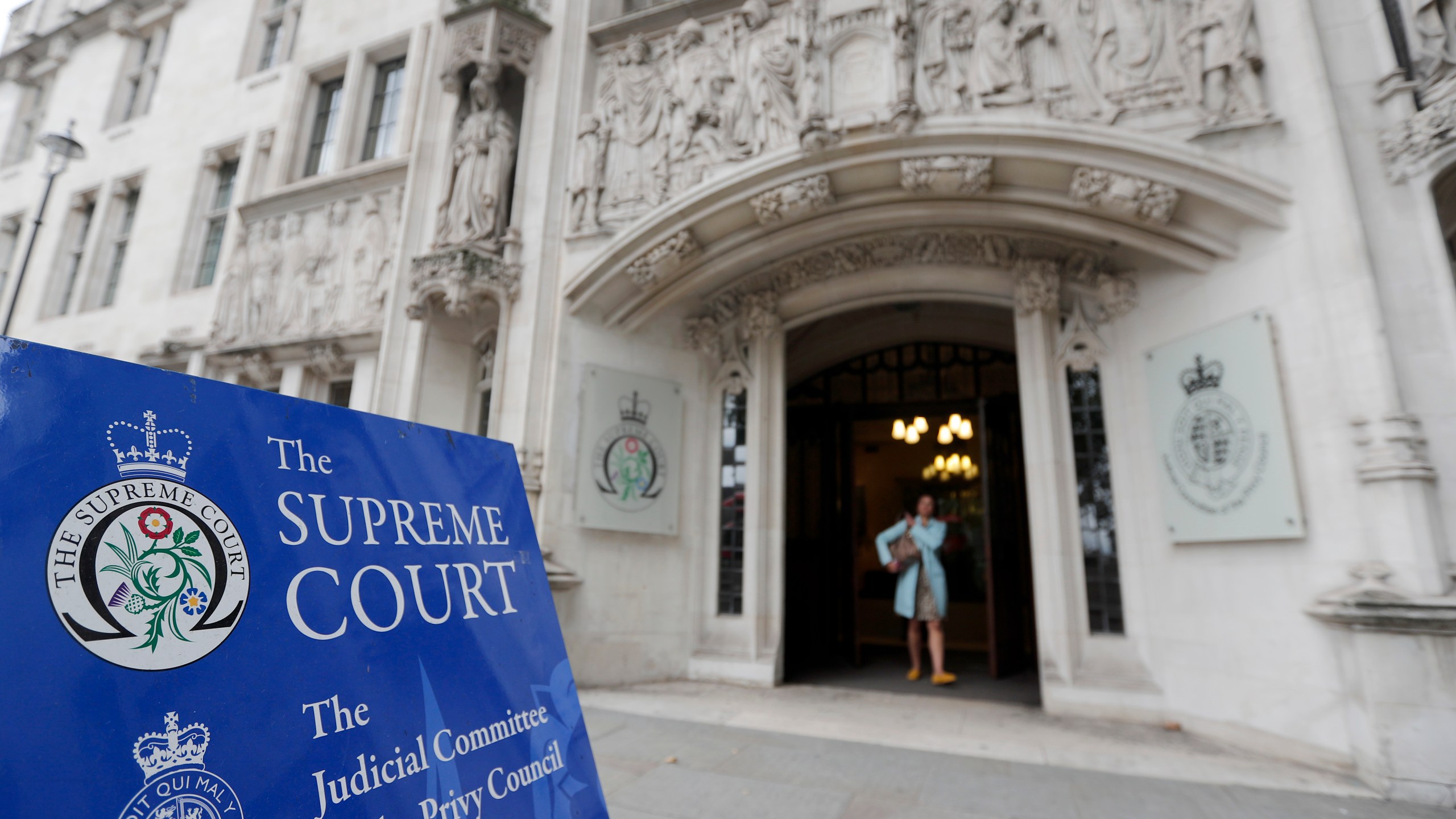 FILE - The entrance of the Supreme Court in London, Wednesday, Sept. 11, 2019. (AP Photo/Frank Augstein, File)