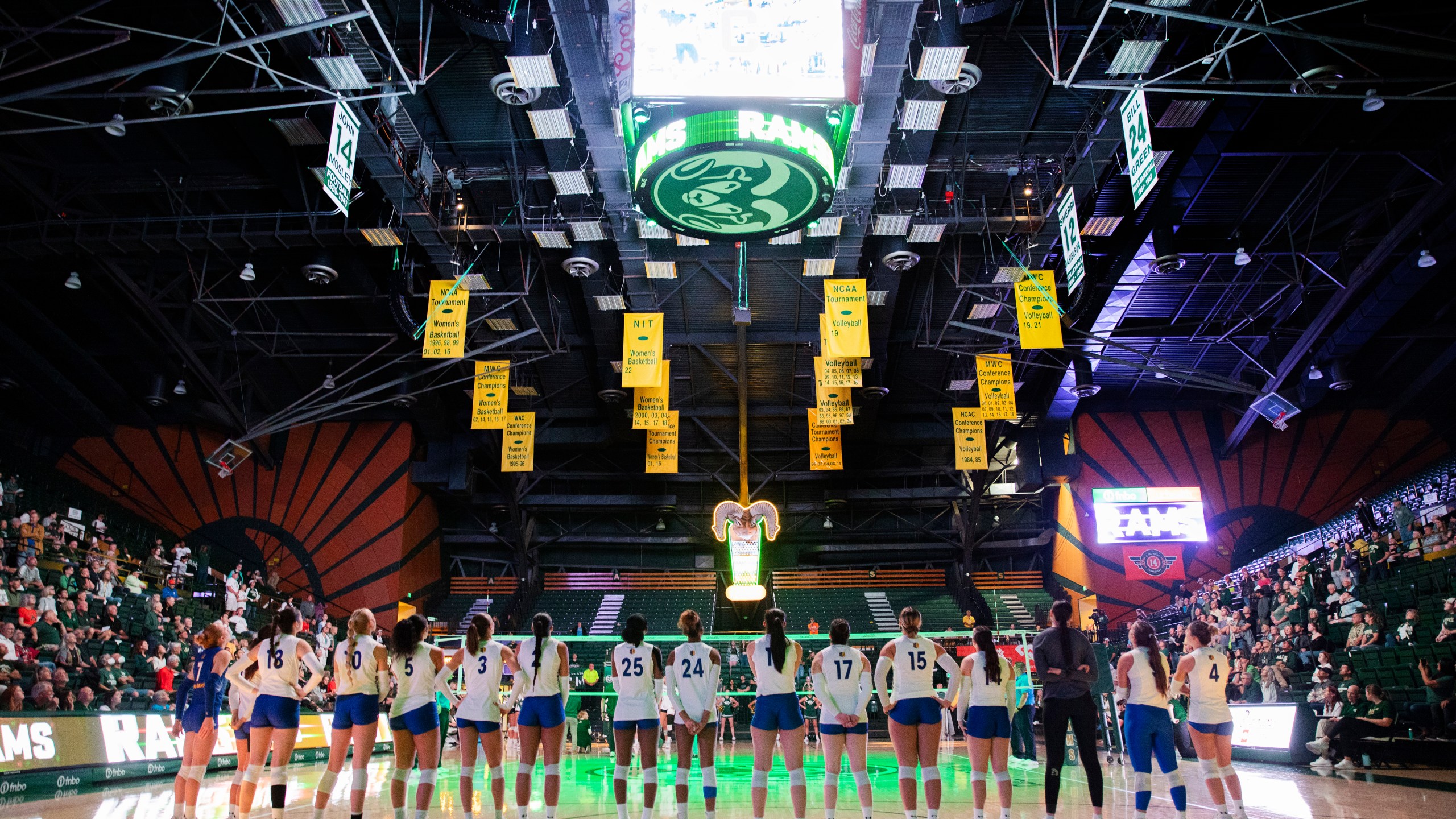 FILE - The San Jose State University Spartans line up for the playing of the national anthem and player introductions for their NCAA Mountain West women's volleyball game against the Colorado State University Rams in Fort Collins, Colo., on Oct. 3, 2024. (Santiago Mejia/San Francisco Chronicle via AP, file)