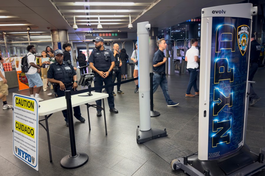 FILE - Gun detection machines are tested at the Fulton Street transit station, July 26, 2024, in New York. (AP Photo/John Minchillo, File)