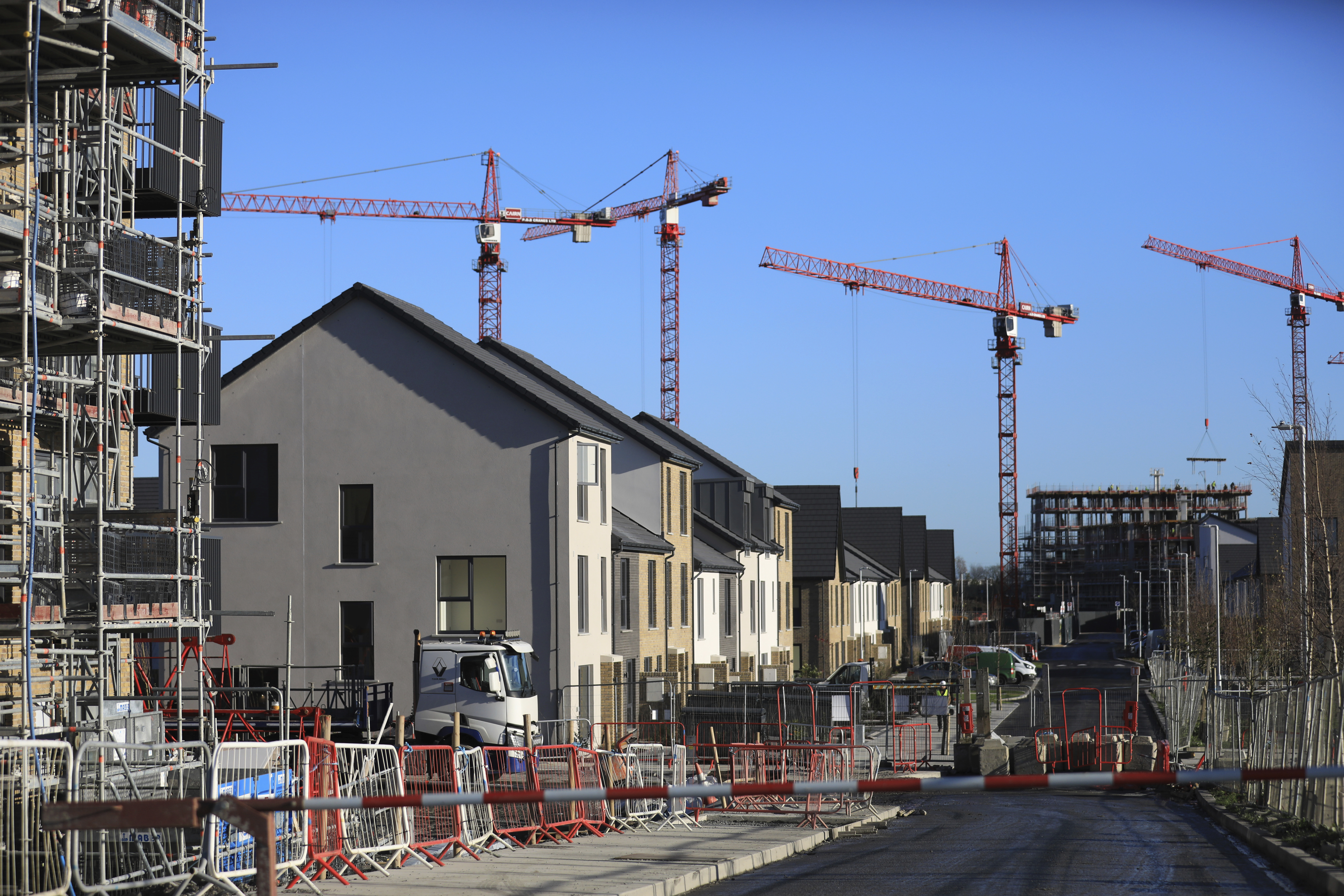 Construction work on building new houses in Clonburris, South Dublin, Ireland, Tuesday, Nov. 26, 2024, ahead of Ireland's election on Friday. (AP Photo/Peter Morrison)