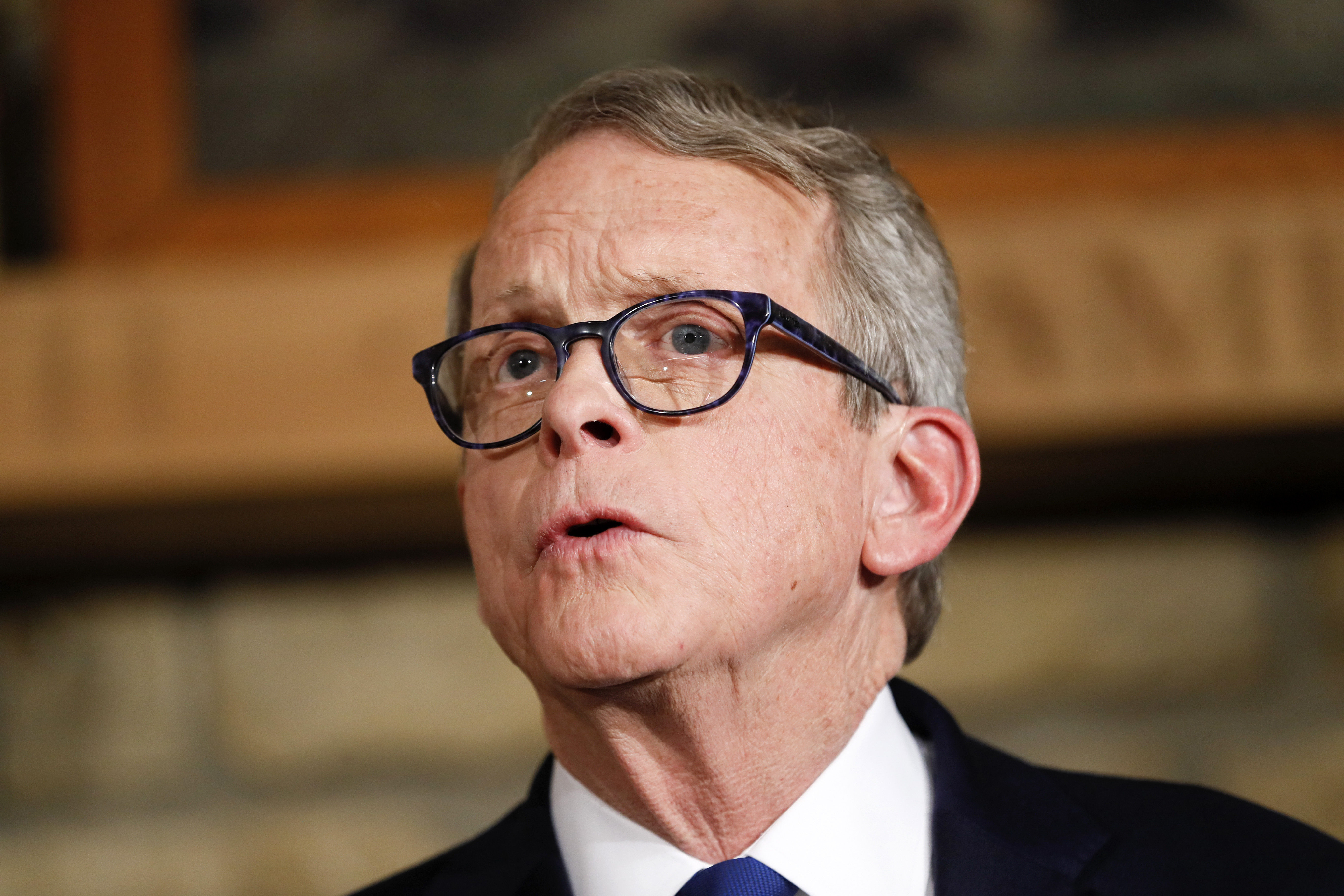 FILE - Mike DeWine speaks, Jan. 14, 2019, in Cedarville, Ohio. (AP Photo/John Minchillo, Pool, File)