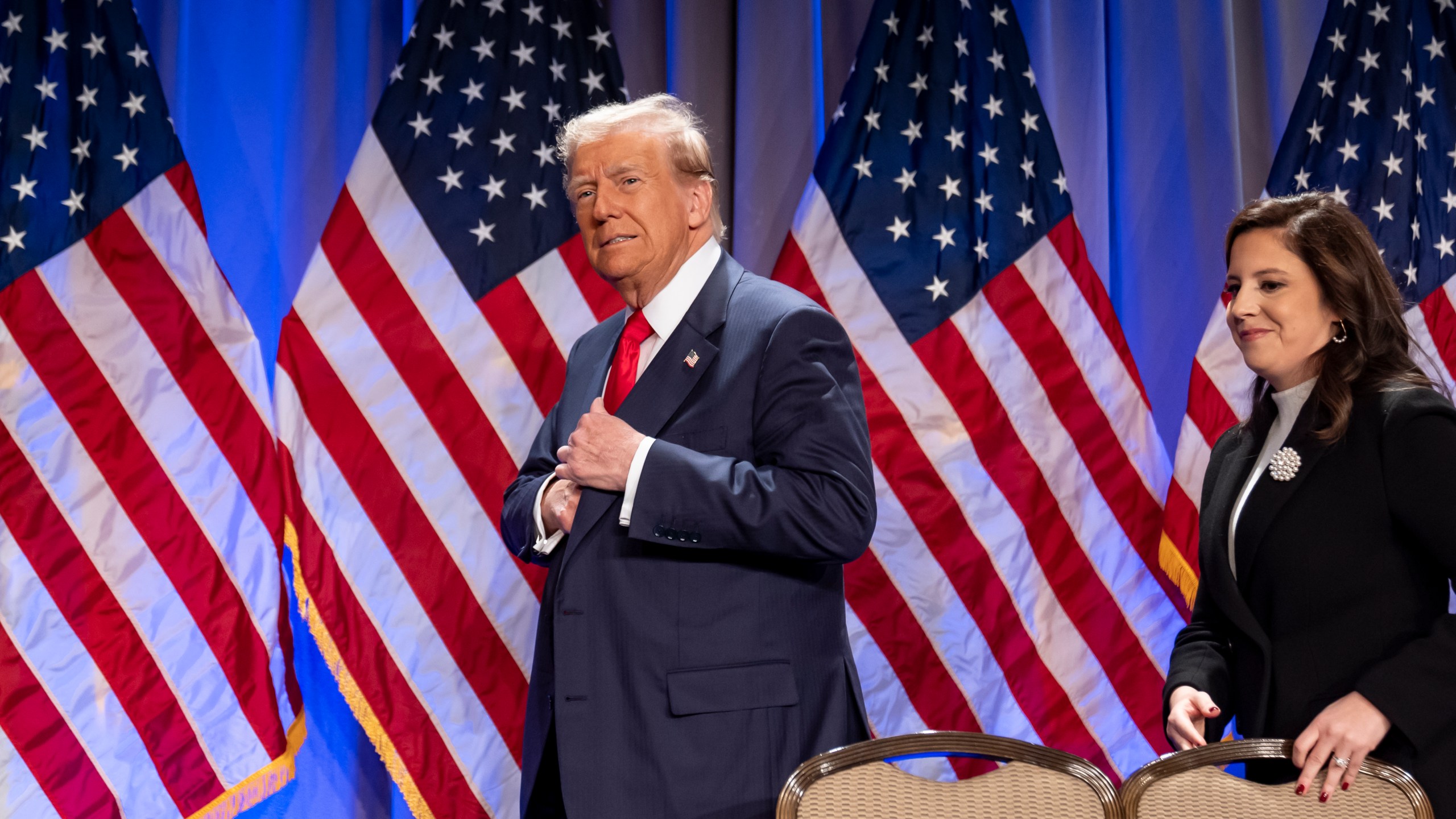 President-elect Donald Trump arrives to speak at a meeting of the House GOP conference, followed by Rep. Elise Stefanik, R-N.Y., Wednesday, Nov. 13, 2024, in Washington. (AP Photo/Alex Brandon)