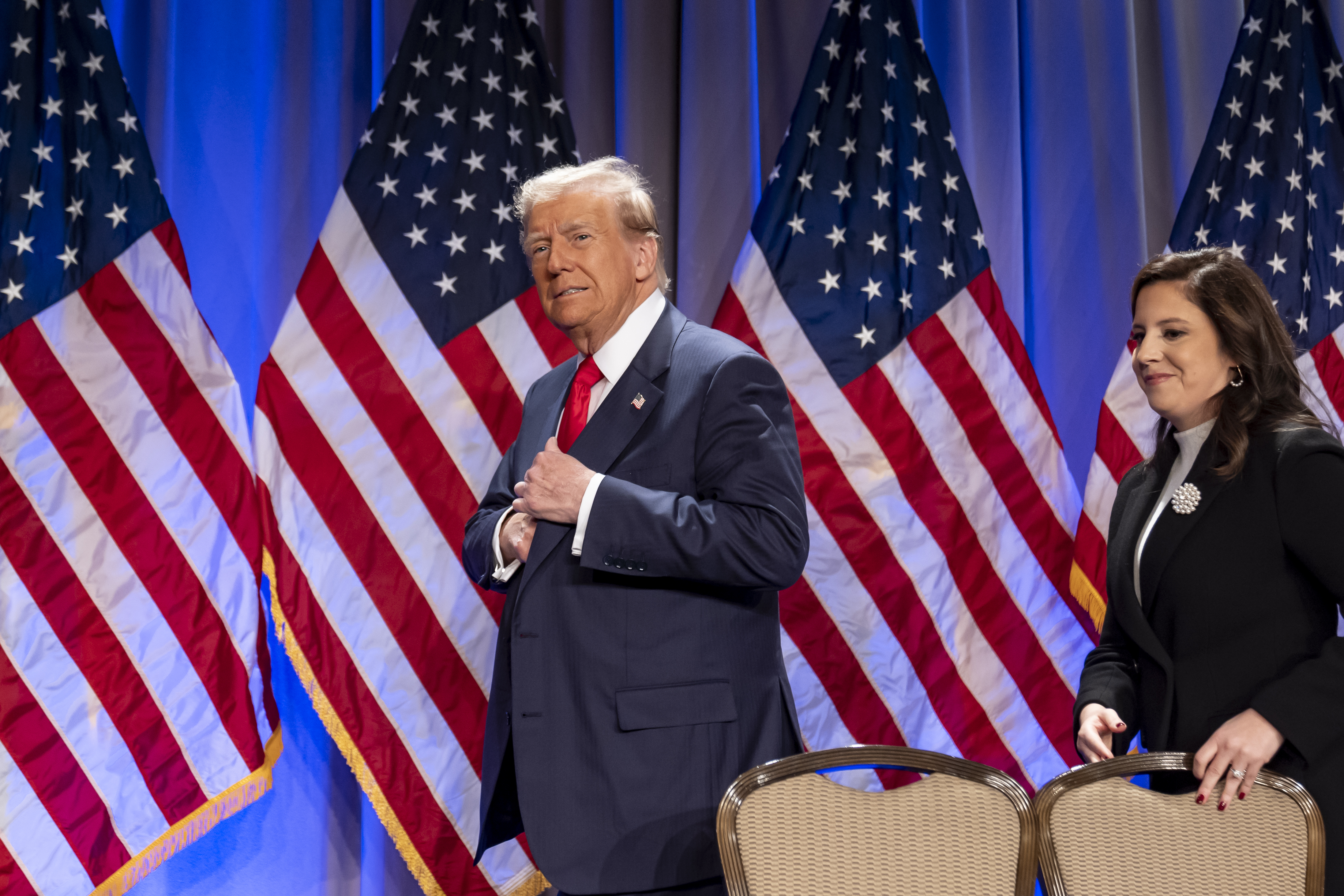 President-elect Donald Trump arrives to speak at a meeting of the House GOP conference, followed by Rep. Elise Stefanik, R-N.Y., Wednesday, Nov. 13, 2024, in Washington. (AP Photo/Alex Brandon)