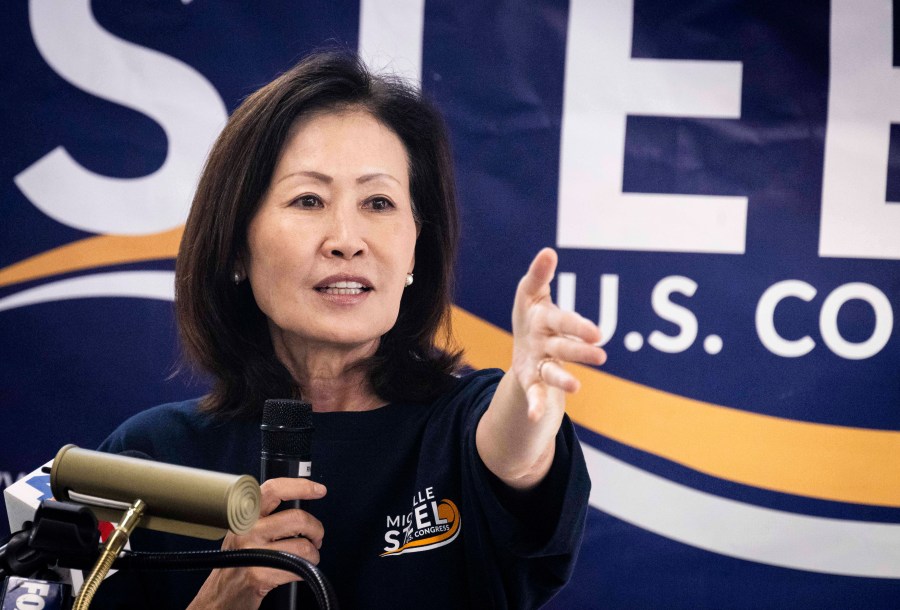 FILE - U.S. Rep. Michelle Steel, R-Calif., addresses supporters at her election office in Buena Park, Calif., Monday, Nov. 4, 2024. (Paul Bersebach/The Orange County Register via AP, File)