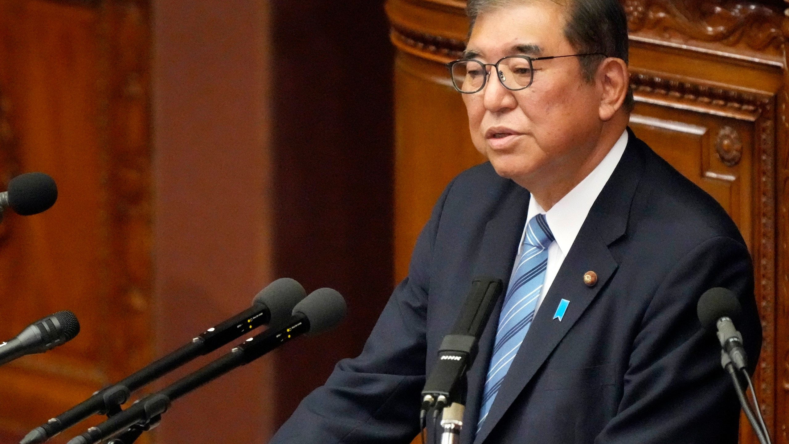 Japanese Prime Minister Shigeru Ishiba delivers his policy speech at the extraordinary session of parliament's lower house Friday, Nov. 29, 2024, in Tokyo. (AP Photo/Eugene Hoshiko)