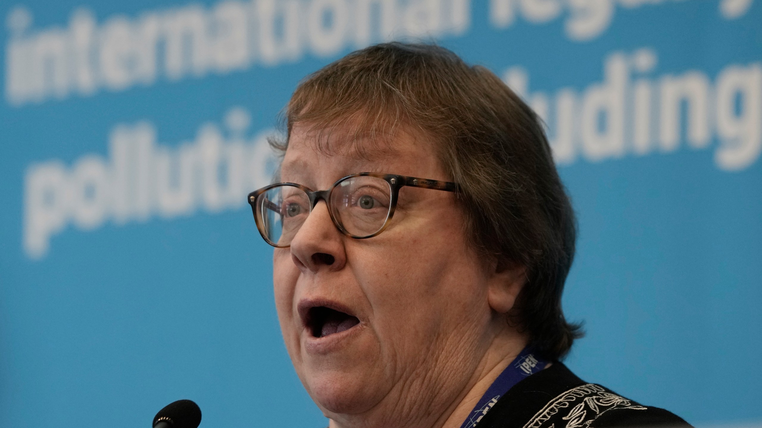 Pamela Miller, Co-chair of the International Pollutants Elimination Network (IPEN), speaks during a press conference with IPEN members at the fifth session of the Intergovernmental Negotiating Committee on Plastic Pollution in Busan, South Korea, Friday, Nov. 29, 2024. (AP Photo/Ahn Young-joon)