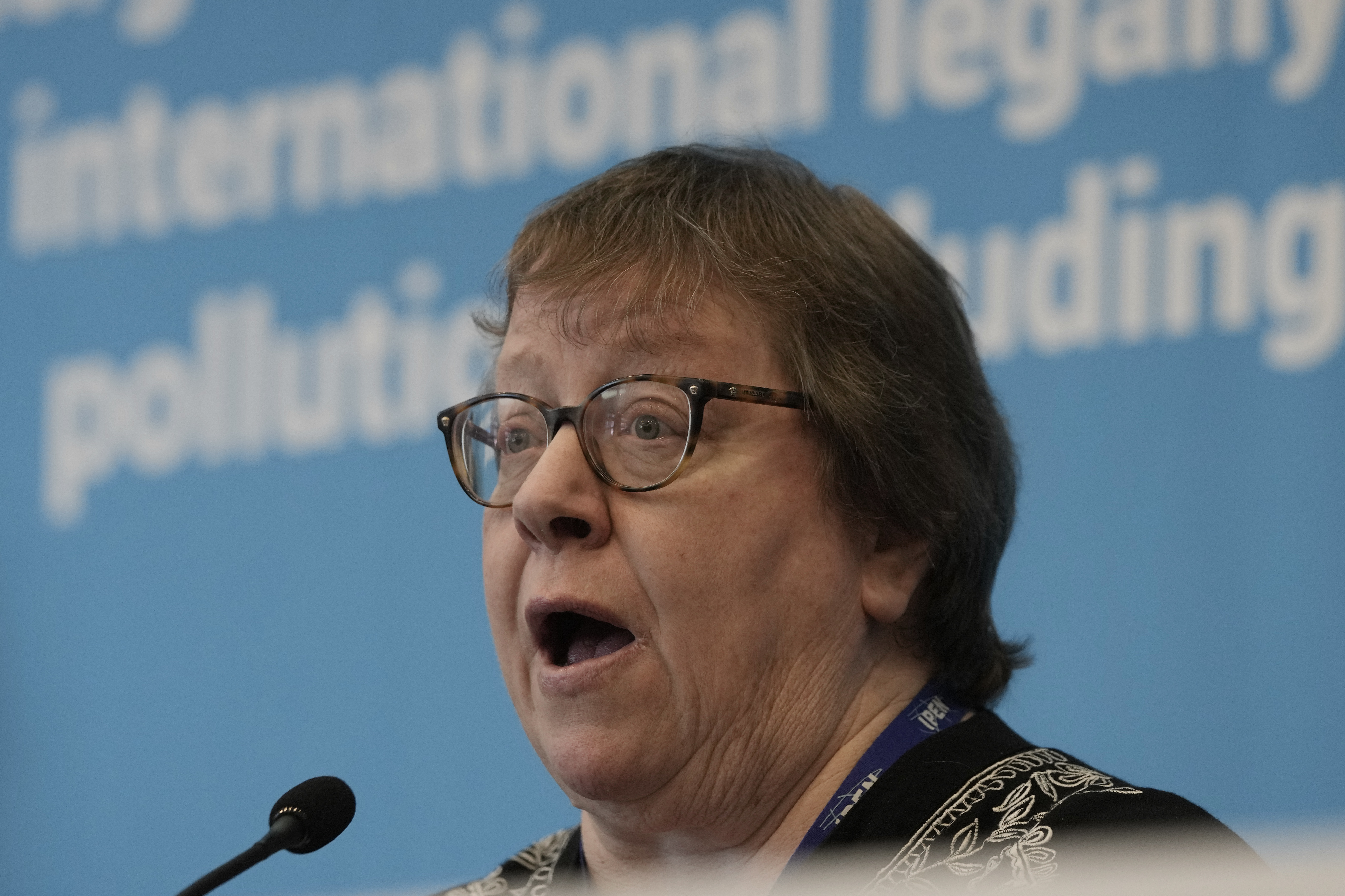 Pamela Miller, Co-chair of the International Pollutants Elimination Network (IPEN), speaks during a press conference with IPEN members at the fifth session of the Intergovernmental Negotiating Committee on Plastic Pollution in Busan, South Korea, Friday, Nov. 29, 2024. (AP Photo/Ahn Young-joon)