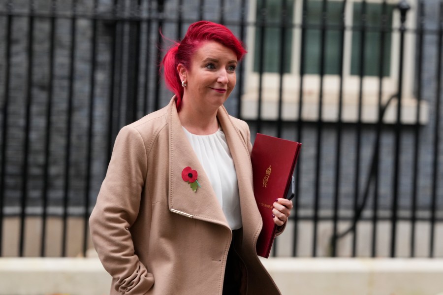 FILE -Louise Haigh, Britain's Secretary of State for Transport leaves following a pre-Budget cabinet meeting in 10 Downing Street, London, Oct. 30, 2024. (AP Photo/Kirsty Wigglesworth), File)