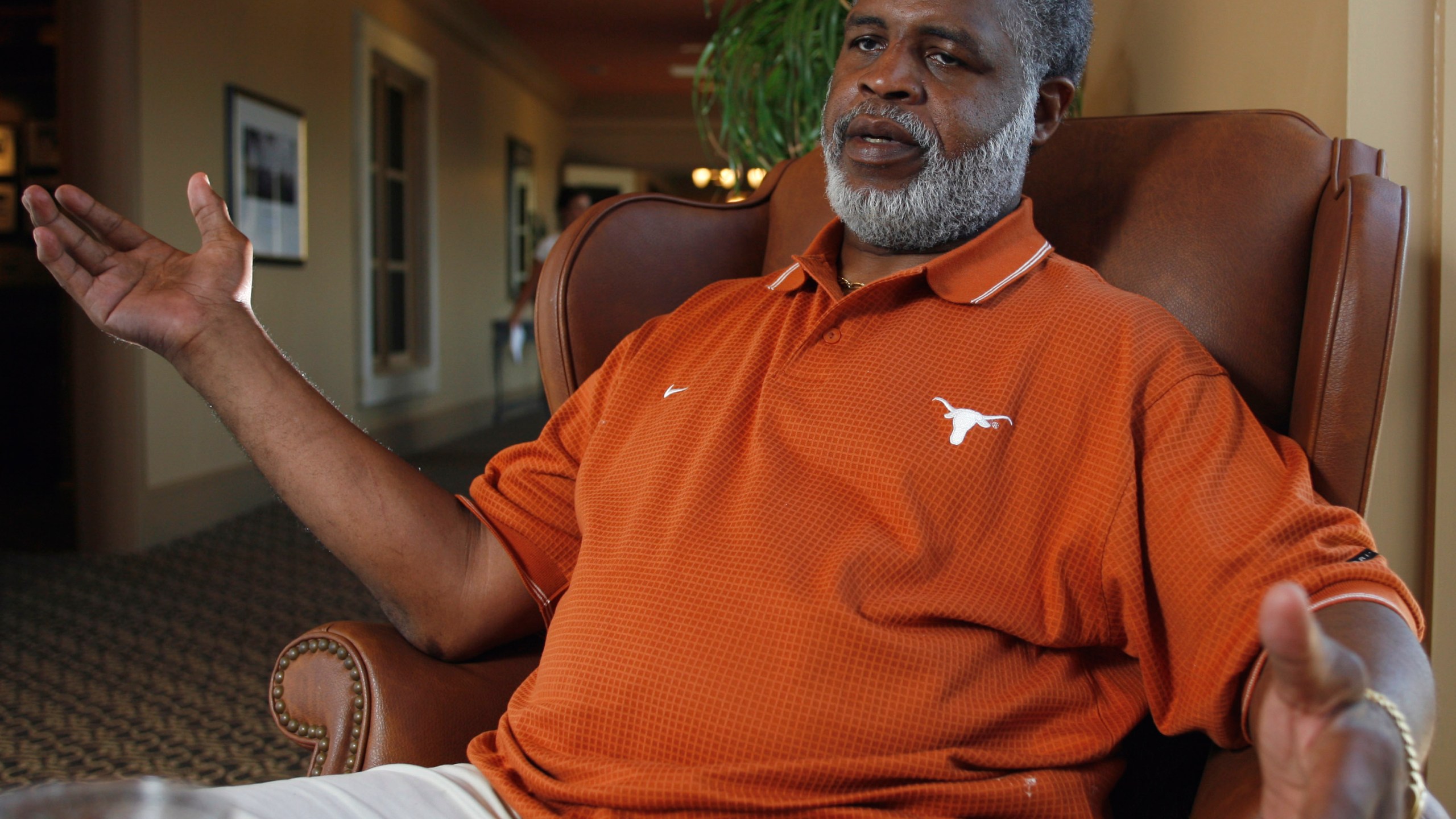 FILE - Former Texas NCAA college football player/Heisman Trophy winner and NFL Hall of Fame member Earl Campbell during an interview June 29, 2007, in Austin, Texas. (AP Photo/Harry Cabluck, File)