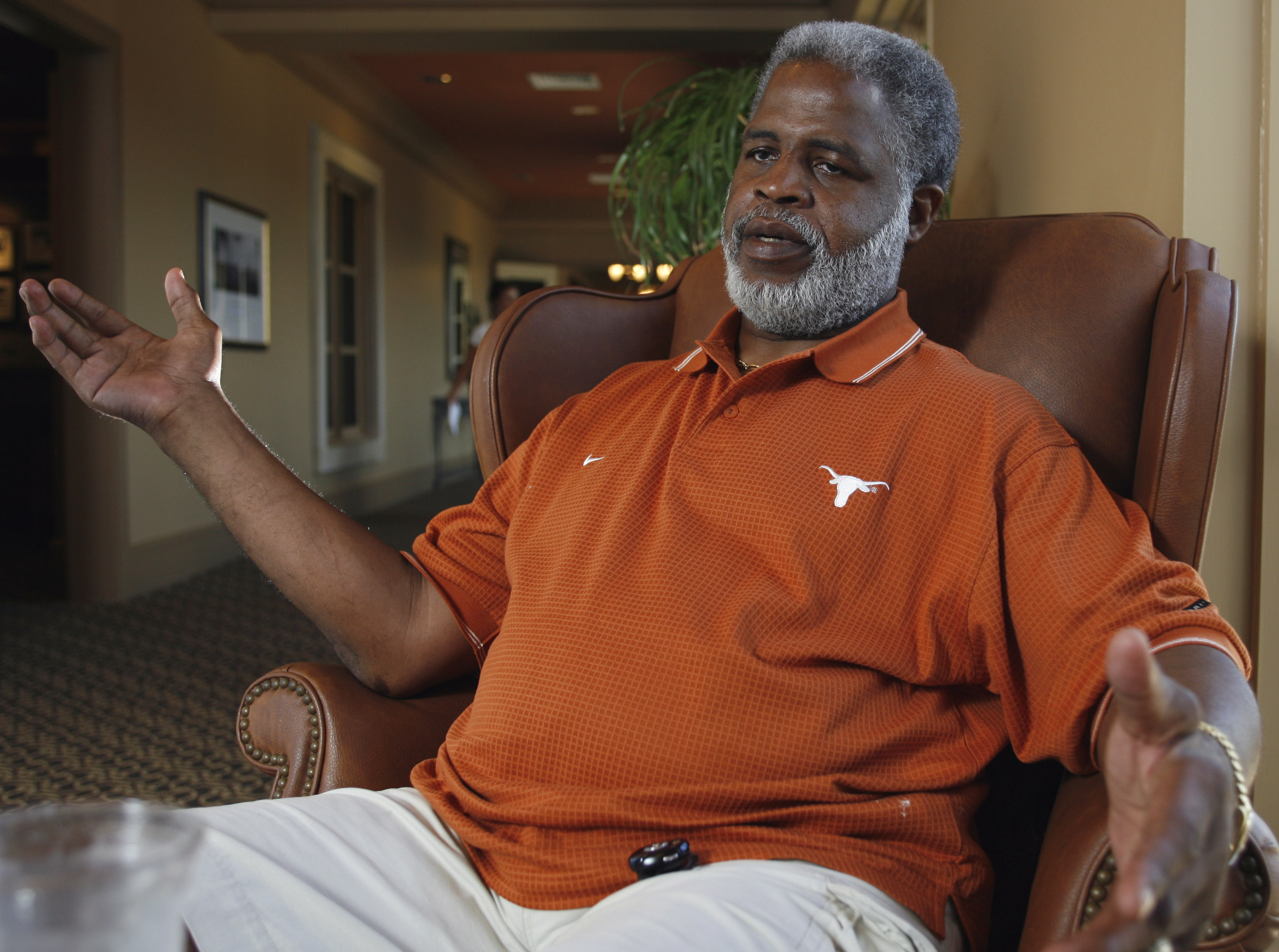 FILE - Former Texas NCAA college football player/Heisman Trophy winner and NFL Hall of Fame member Earl Campbell during an interview June 29, 2007, in Austin, Texas. (AP Photo/Harry Cabluck, File)