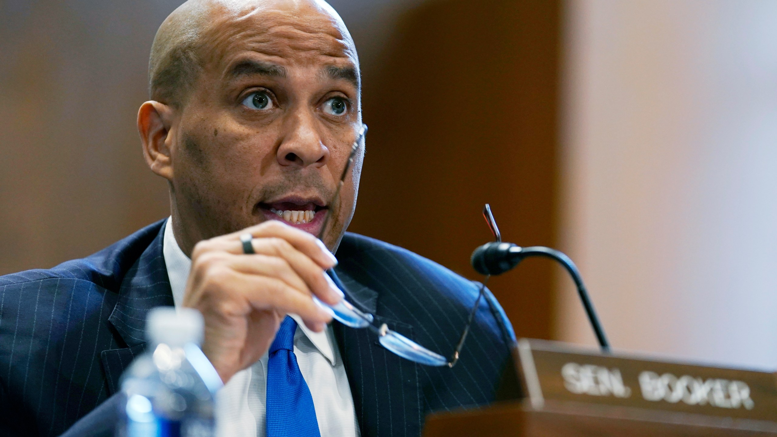 FILE - Sen. Cory Booker, D-N.J., speaks during a Senate Environment and Public Works subcommittee hearing, April 5, 2022, on Capitol Hill in Washington. (AP Photo/Mariam Zuhaib, File)