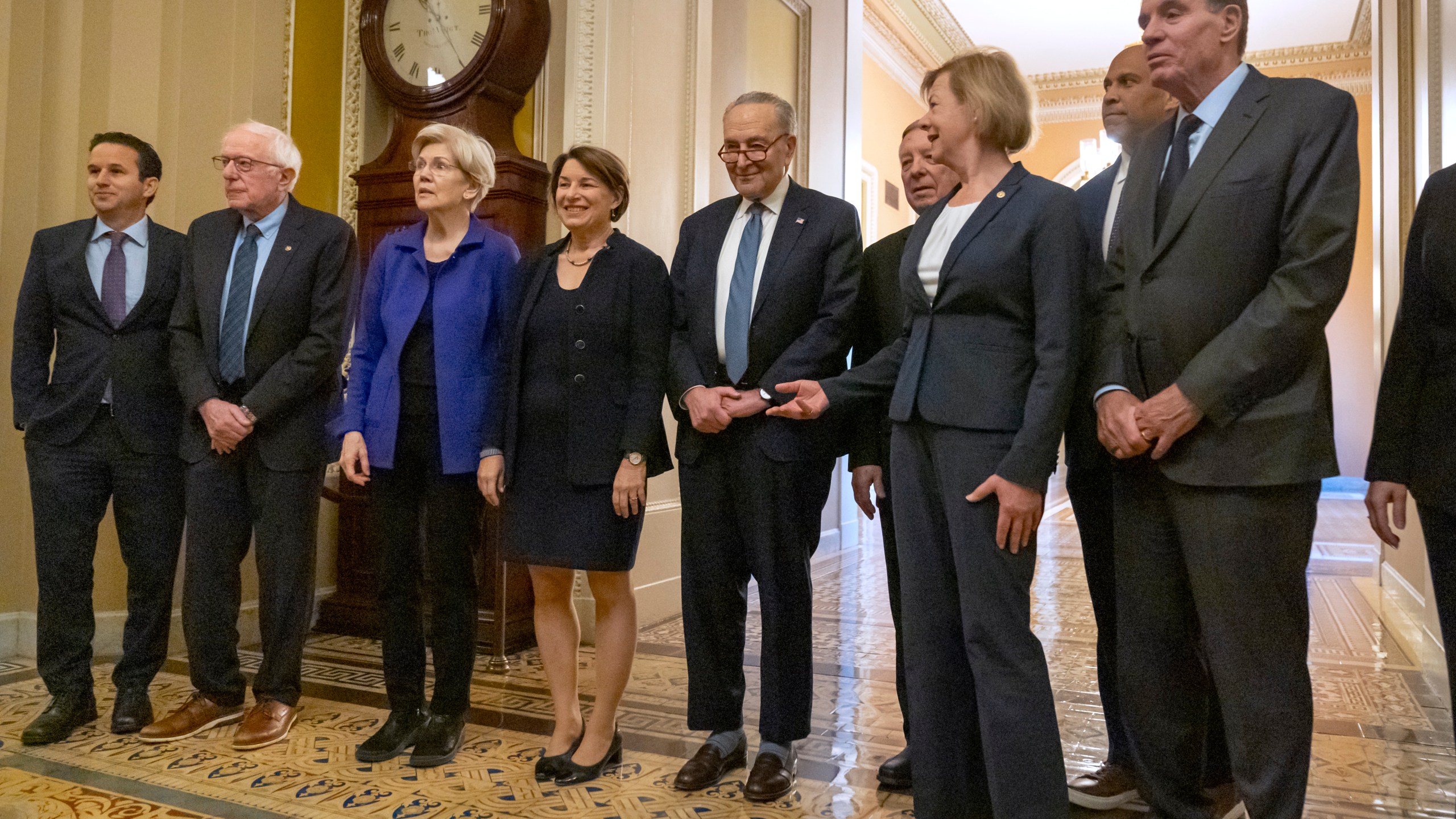 Senators, from left, Sen. Brian Schatz, D-Hawaii, Sen. Bernie Sanders, I-Vt., Sen. Elizabeth Warren, D-Mass., Sen. Amy Klobuchar, D-Minn., Senate Majority Leader Chuck Schumer of N.Y., Sen. Dick Durbin, D-Ill., Sen. Tammy Baldwin, D-Wis., Sen. Cory Booker, D-N.J., and Sen. Mark Warner, D-Va., gather after Senate Democratic leadership elections for the next session of Congress on Capitol Hill, Tuesday, Dec. 3, 2024, in Washington. (AP Photo/Mark Schiefelbein)