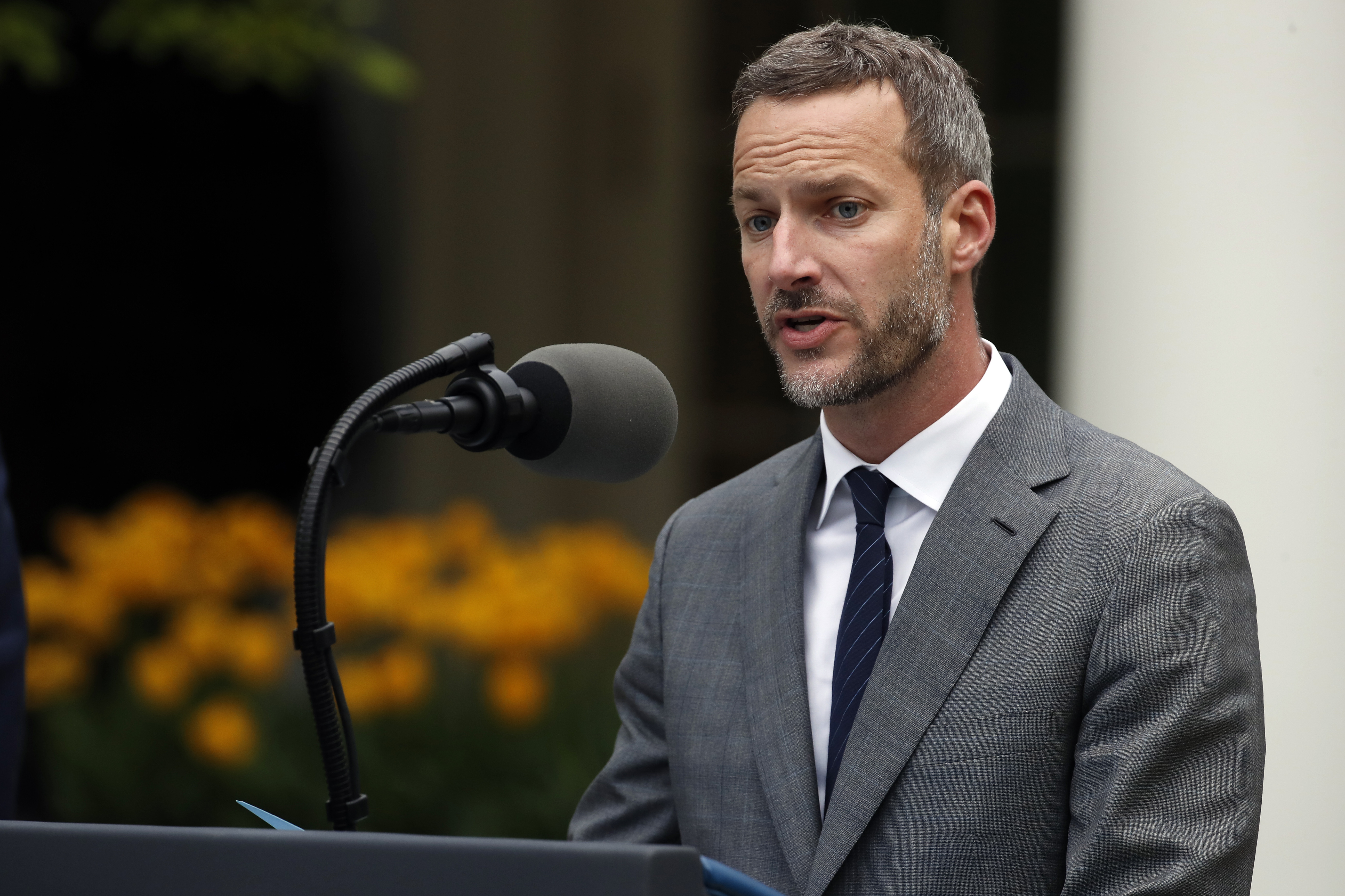 FILE - Adam Boehler, CEO of U.S. International Development Finance Corporation, speaks in the Rose Garden of the White House, April 14, 2020, in Washington. (AP Photo/Alex Brandon, File)