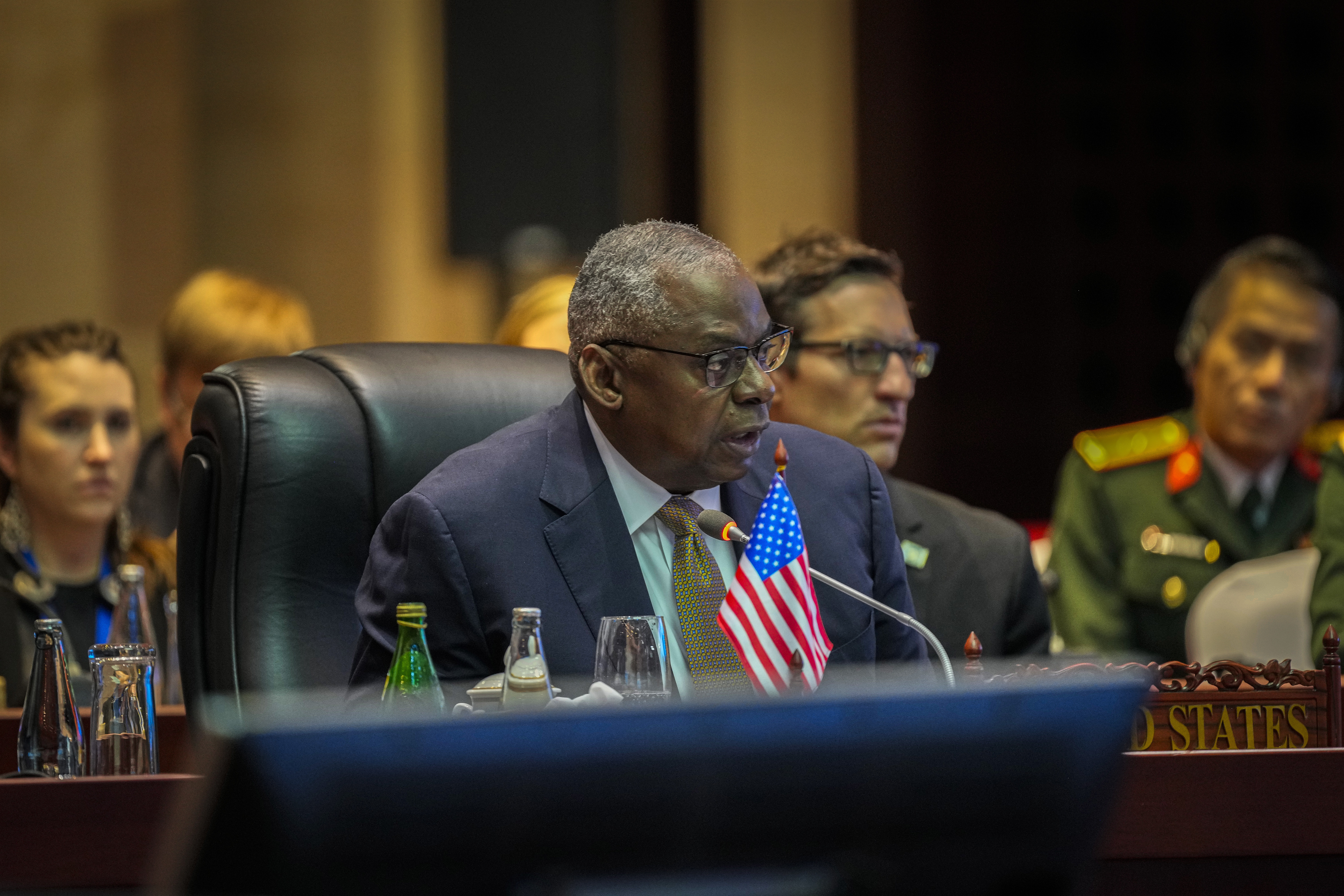 US Defence Secretary Lloyd Austin speaks during the ASEAN Defence Ministers' Meeting in Vientiane, Laos, in Vientiane, Laos, Thursday, Nov. 21, 2024. (AP Photo/Anupam Nath)