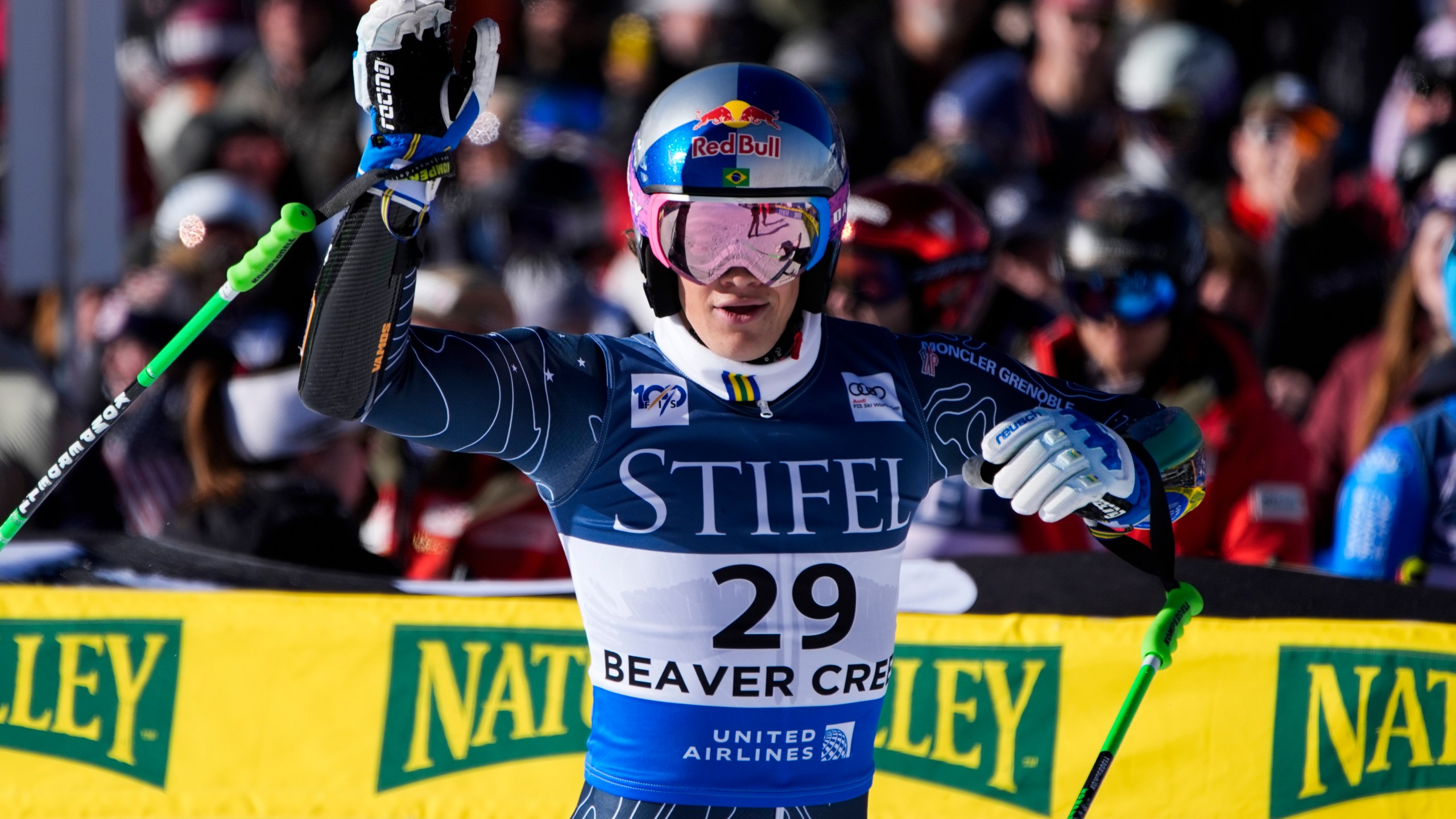 Brazil's Lucas Pinheiro Braathen reacts after competing in a men's World Cup giant slalom skiing race, Sunday, Dec. 8, 2024, in Beaver Creek. (AP Photo/John Locher)