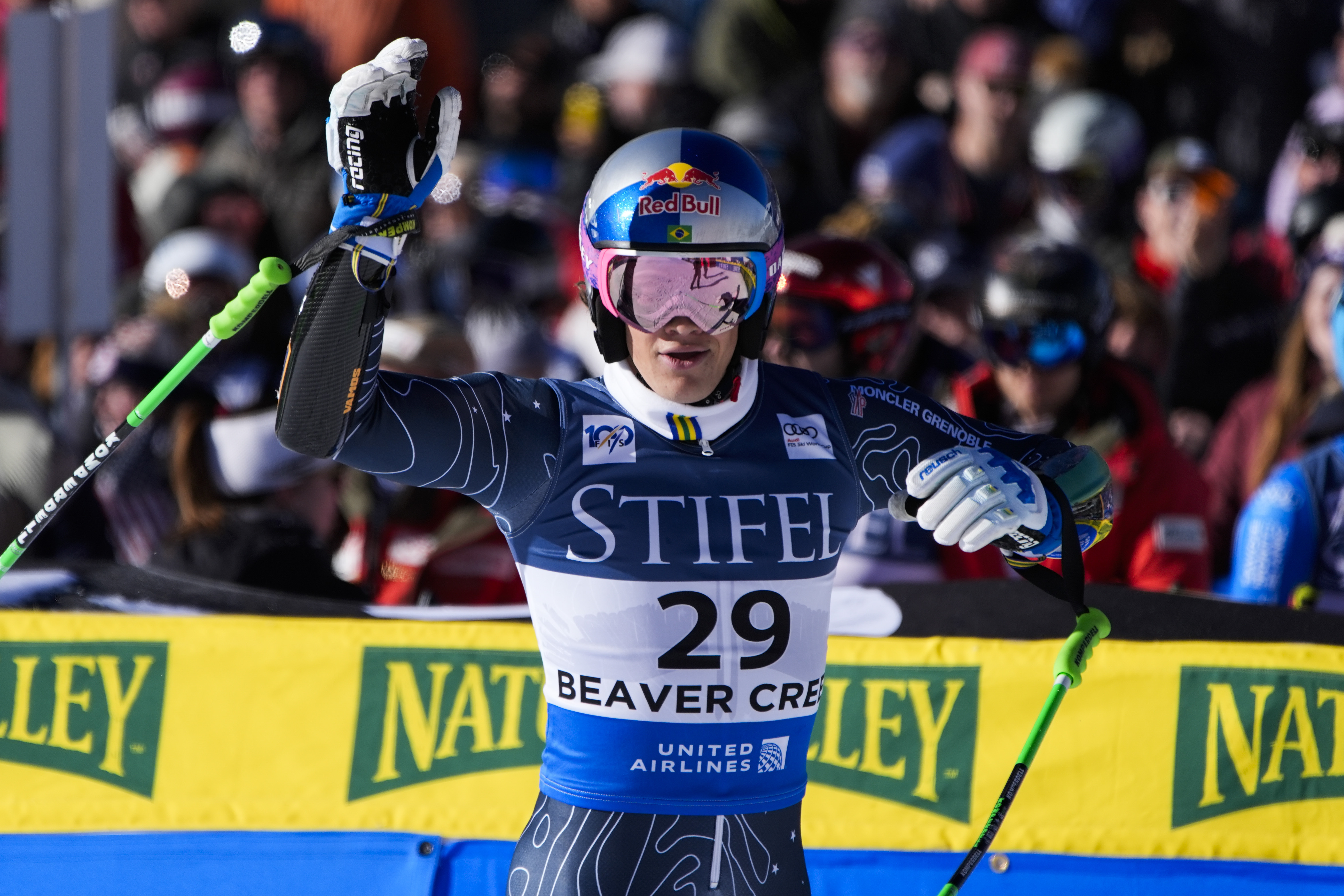 Brazil's Lucas Pinheiro Braathen reacts after competing in a men's World Cup giant slalom skiing race, Sunday, Dec. 8, 2024, in Beaver Creek. (AP Photo/John Locher)