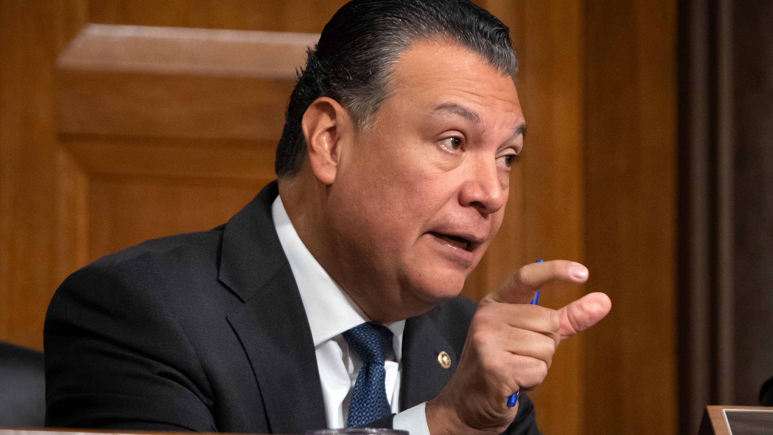 Sen. Alex Padilla, D-Calif., speaks during a hearing of the Senate Committee on the Judiciary on Capitol Hill, Tuesday, Dec. 10, 2024, in Washington. (AP Photo/Mark Schiefelbein)